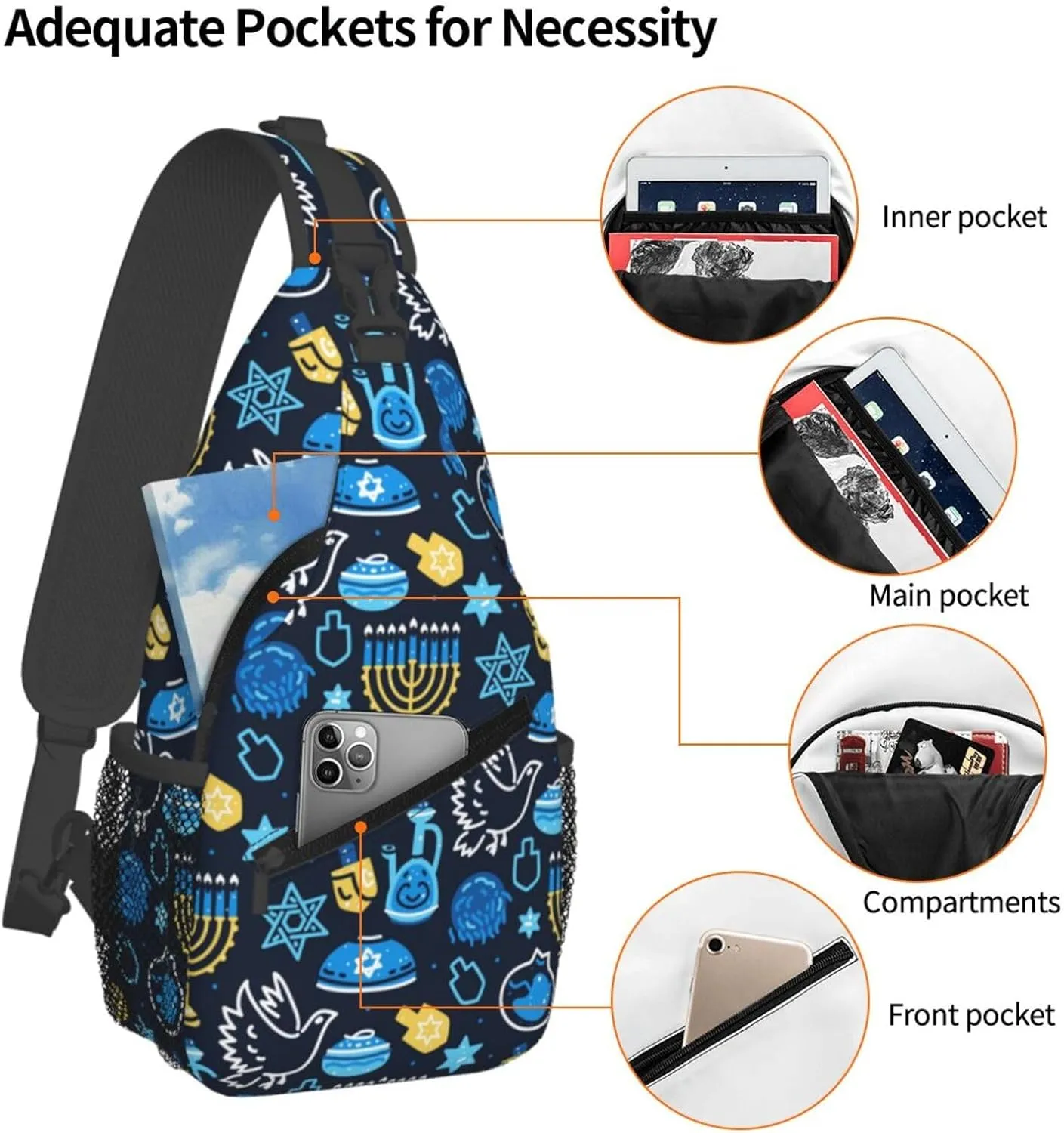 Hanukkah Hat Blue Shiny Lamps Sling Bag,Funny Crossbody Backpack Shoulder Chest Bag for Women Men