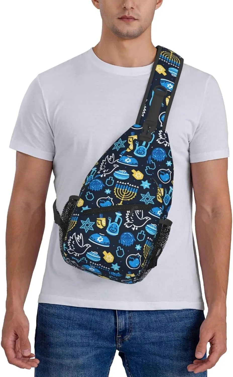 Hanukkah Hat Blue Shiny Lamps Sling Bag,Funny Crossbody Backpack Shoulder Chest Bag for Women Men