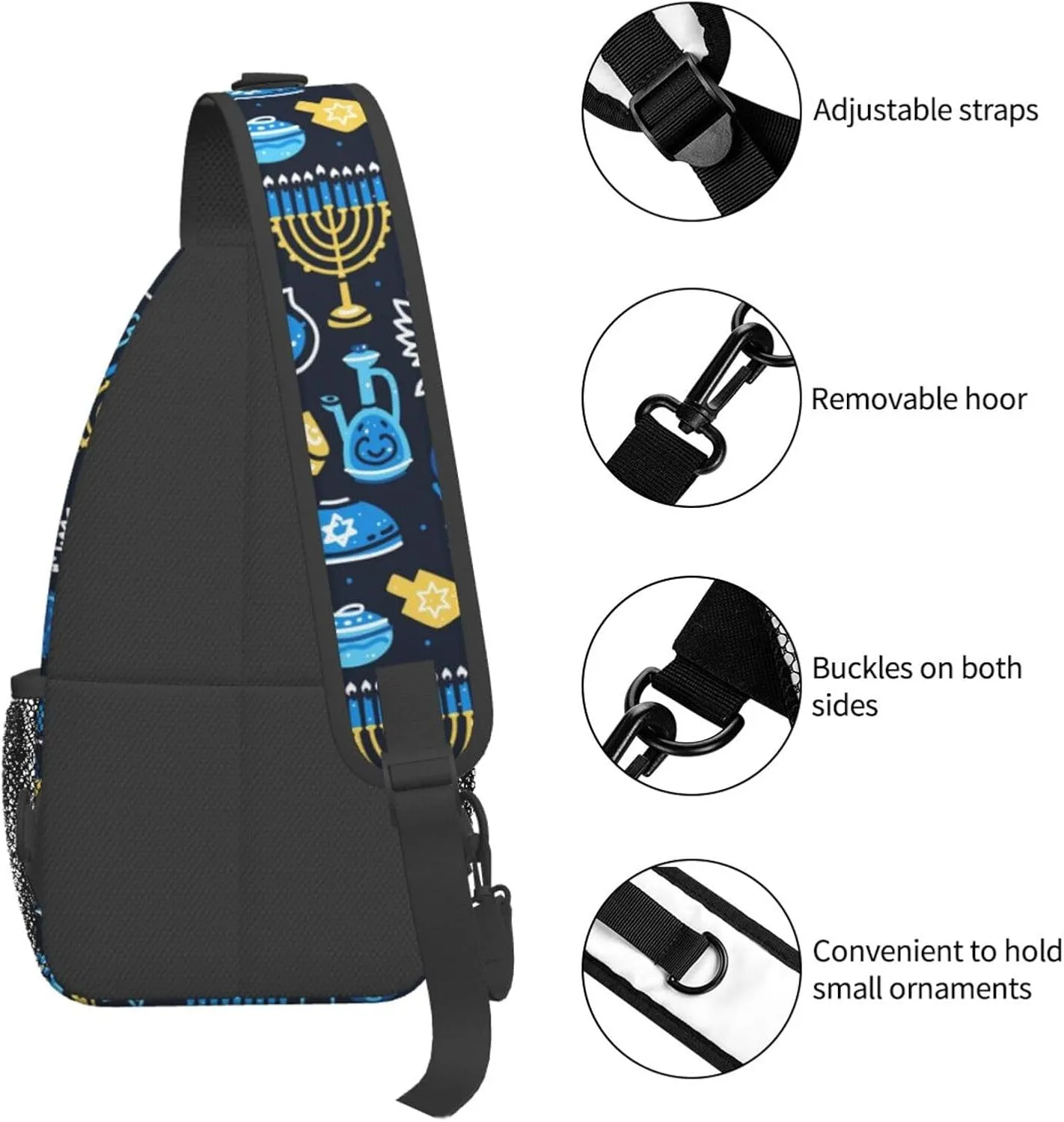 Hanukkah Hat Blue Shiny Lamps Sling Bag,Funny Crossbody Backpack Shoulder Chest Bag for Women Men