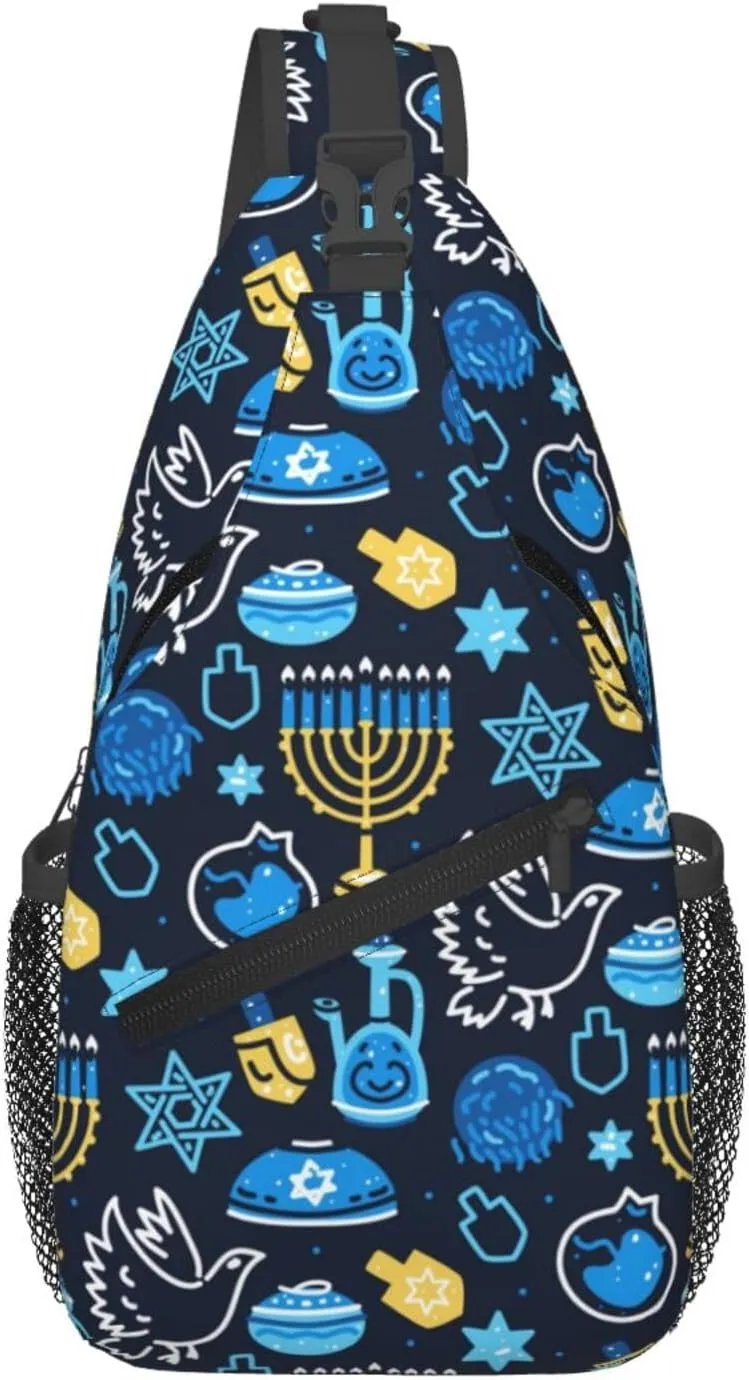 Hanukkah Hat Blue Shiny Lamps Sling Bag,Funny Crossbody Backpack Shoulder Chest Bag for Women Men