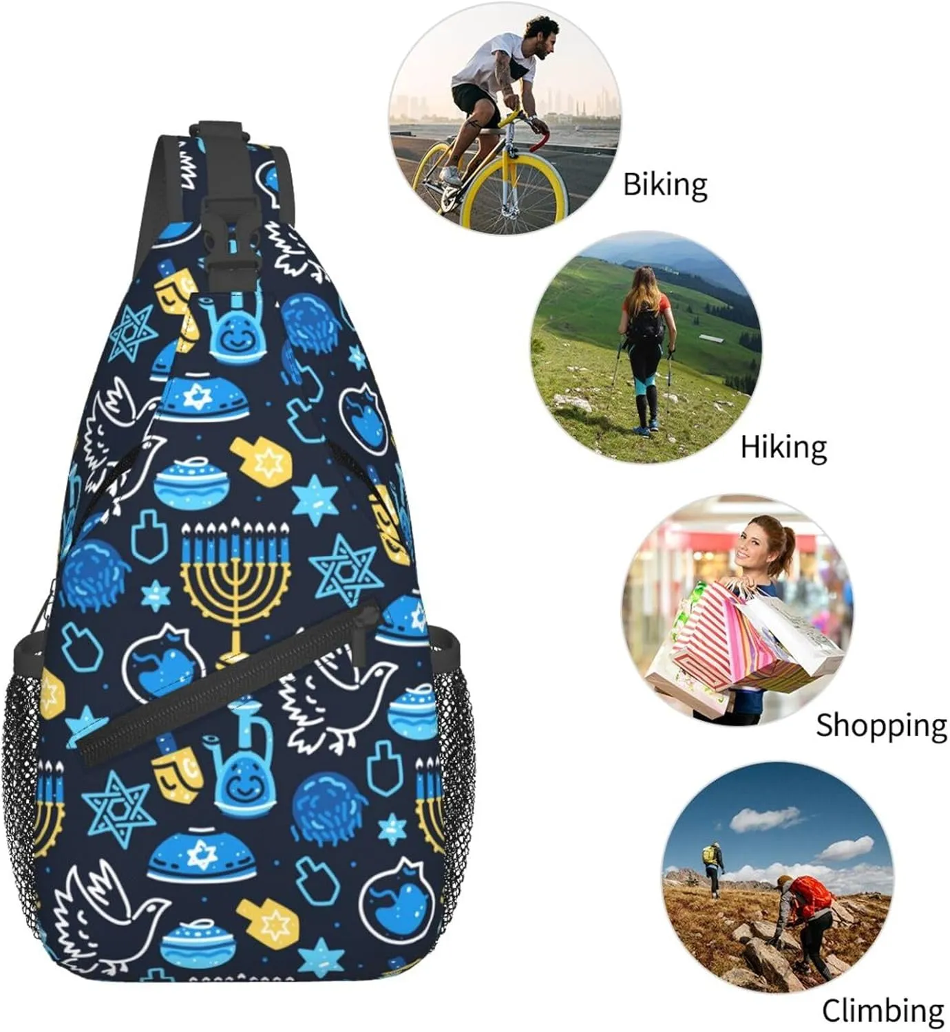 Hanukkah Hat Blue Shiny Lamps Sling Bag,Funny Crossbody Backpack Shoulder Chest Bag for Women Men