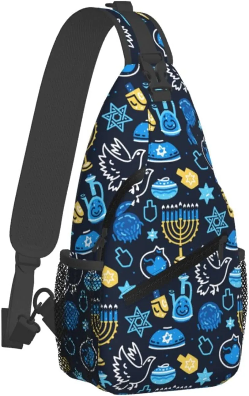 Hanukkah Hat Blue Shiny Lamps Sling Bag,Funny Crossbody Backpack Shoulder Chest Bag for Women Men