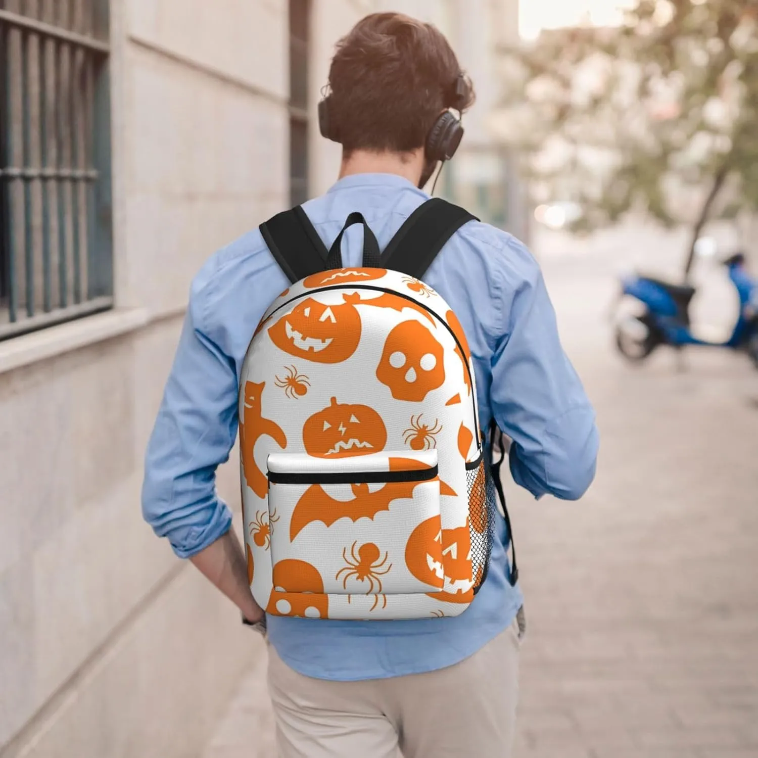 Happy Halloween Bats Witchs Spider Web Pumpkin Skull Bone 17 Inch Backpacks Multipurpose Laptop Backpack Double Shoulder Bag for Men Women Gifts