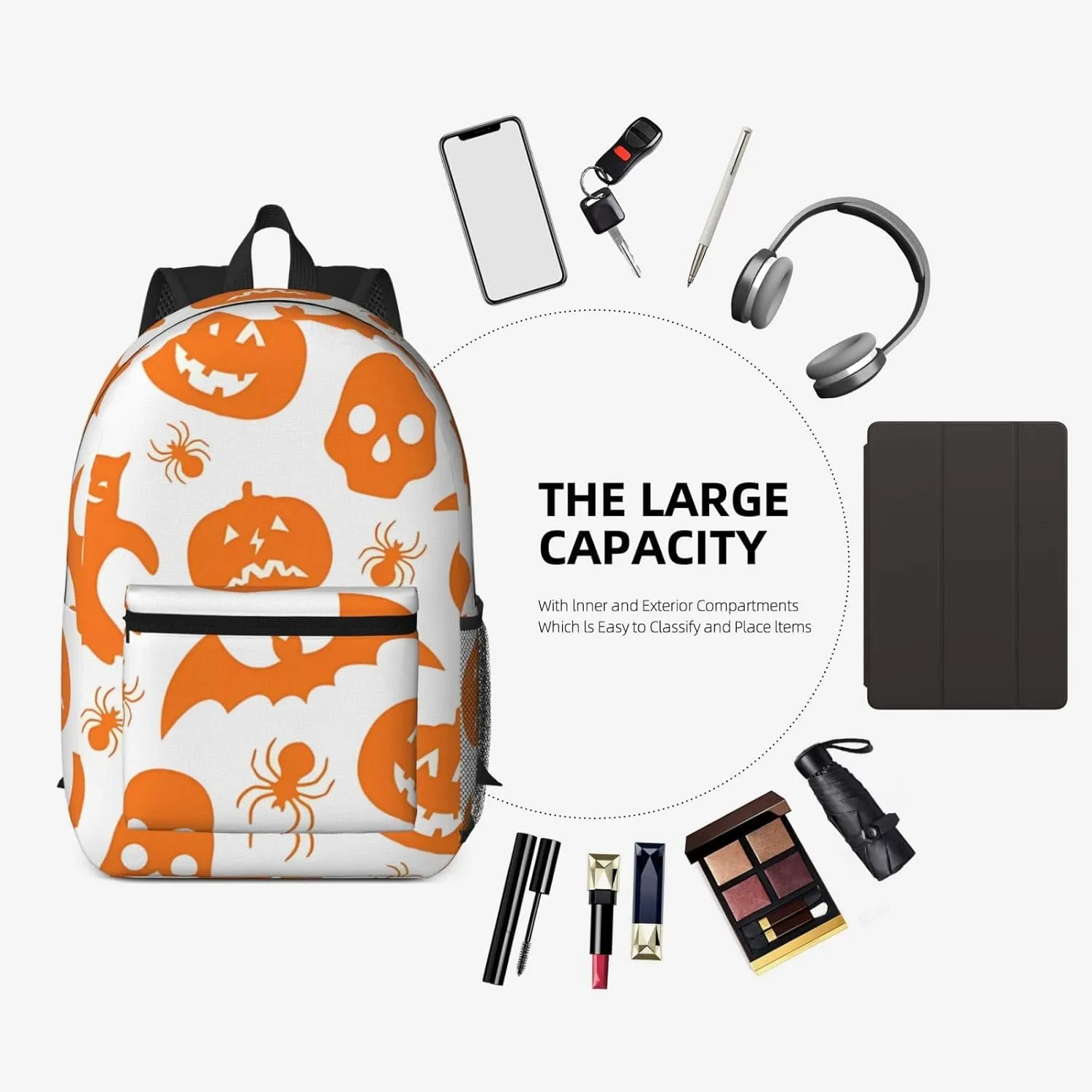 Happy Halloween Bats Witchs Spider Web Pumpkin Skull Bone 17 Inch Backpacks Multipurpose Laptop Backpack Double Shoulder Bag for Men Women Gifts