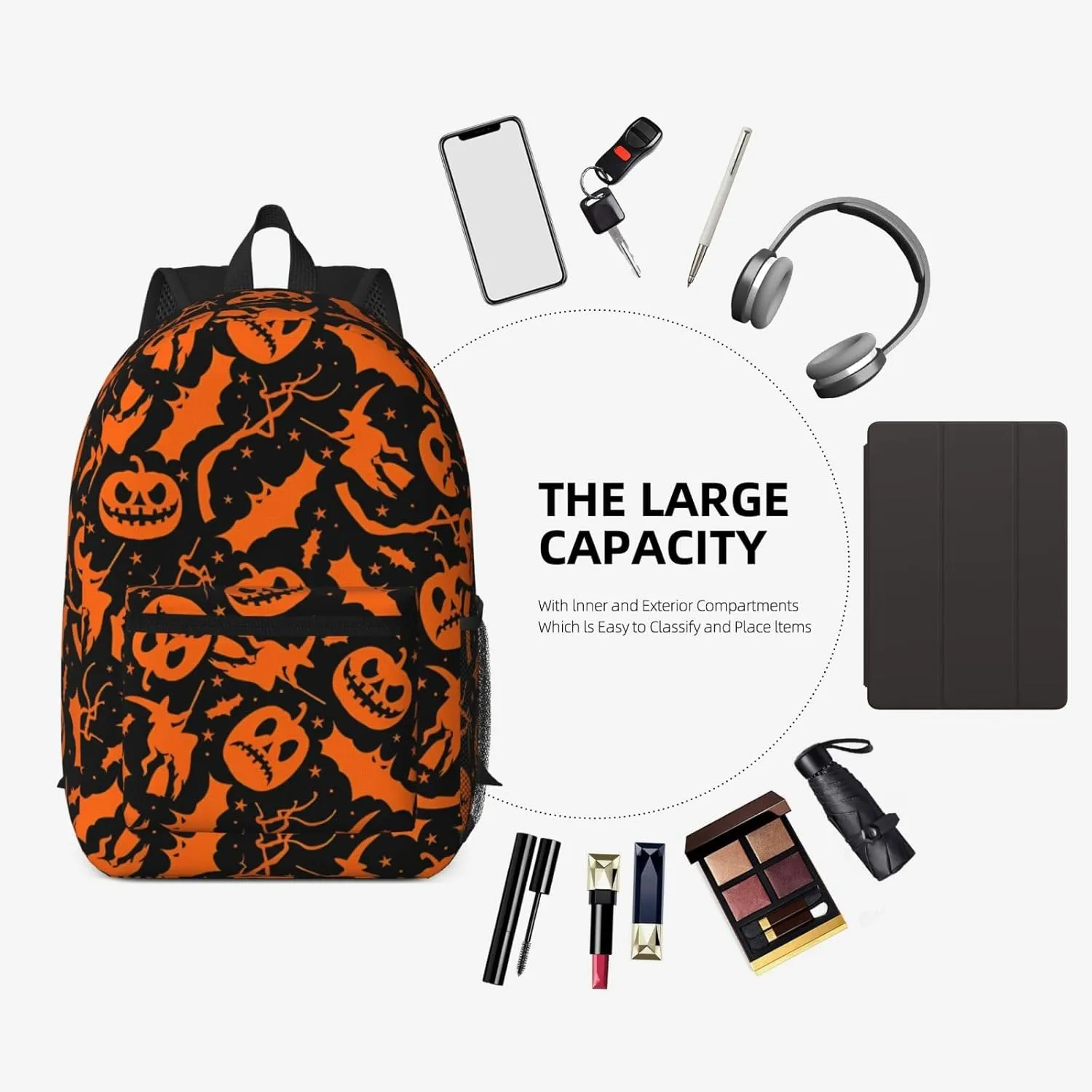 Happy Halloween Bats Witchs Spider Web Pumpkin Skull Bone 17 Inch Backpacks Multipurpose Laptop Backpack Double Shoulder Bag for Men Women Gifts