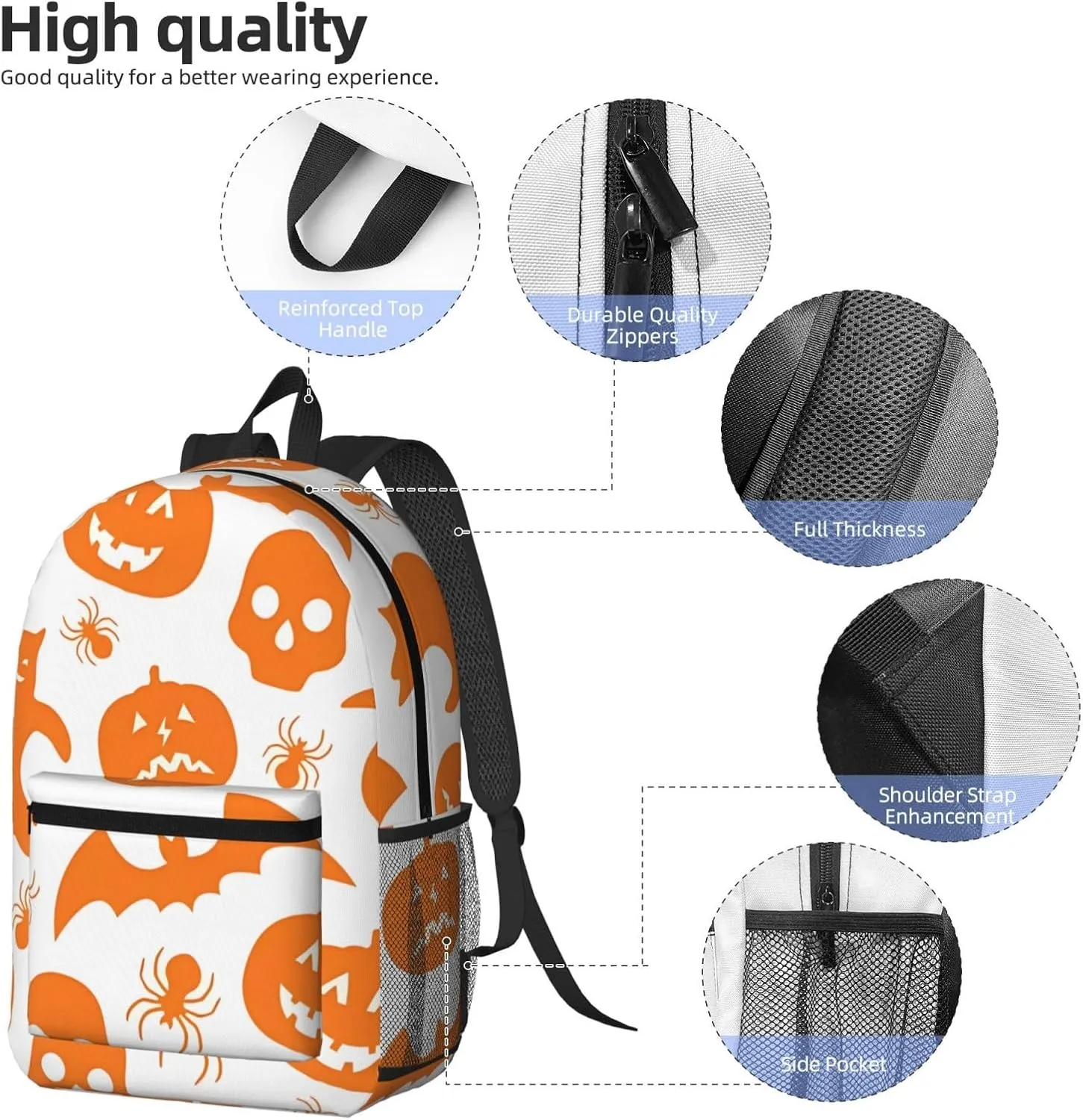 Happy Halloween Bats Witchs Spider Web Pumpkin Skull Bone 17 Inch Backpacks Multipurpose Laptop Backpack Double Shoulder Bag for Men Women Gifts
