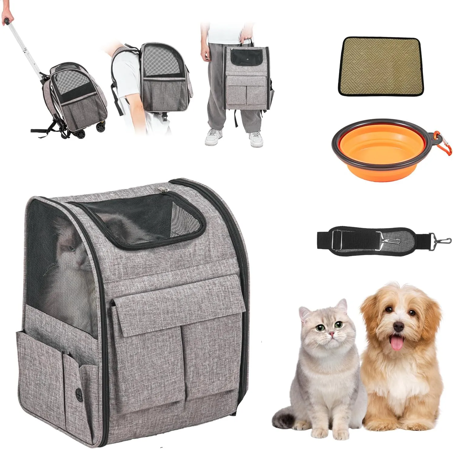Happybuy Rolling Pet Carrier Backpack with Removable Wheels, Airline Approved for Pets up to 18 lbs, Large Soft-Sided Carrier for Small Dogs and Medium Cats