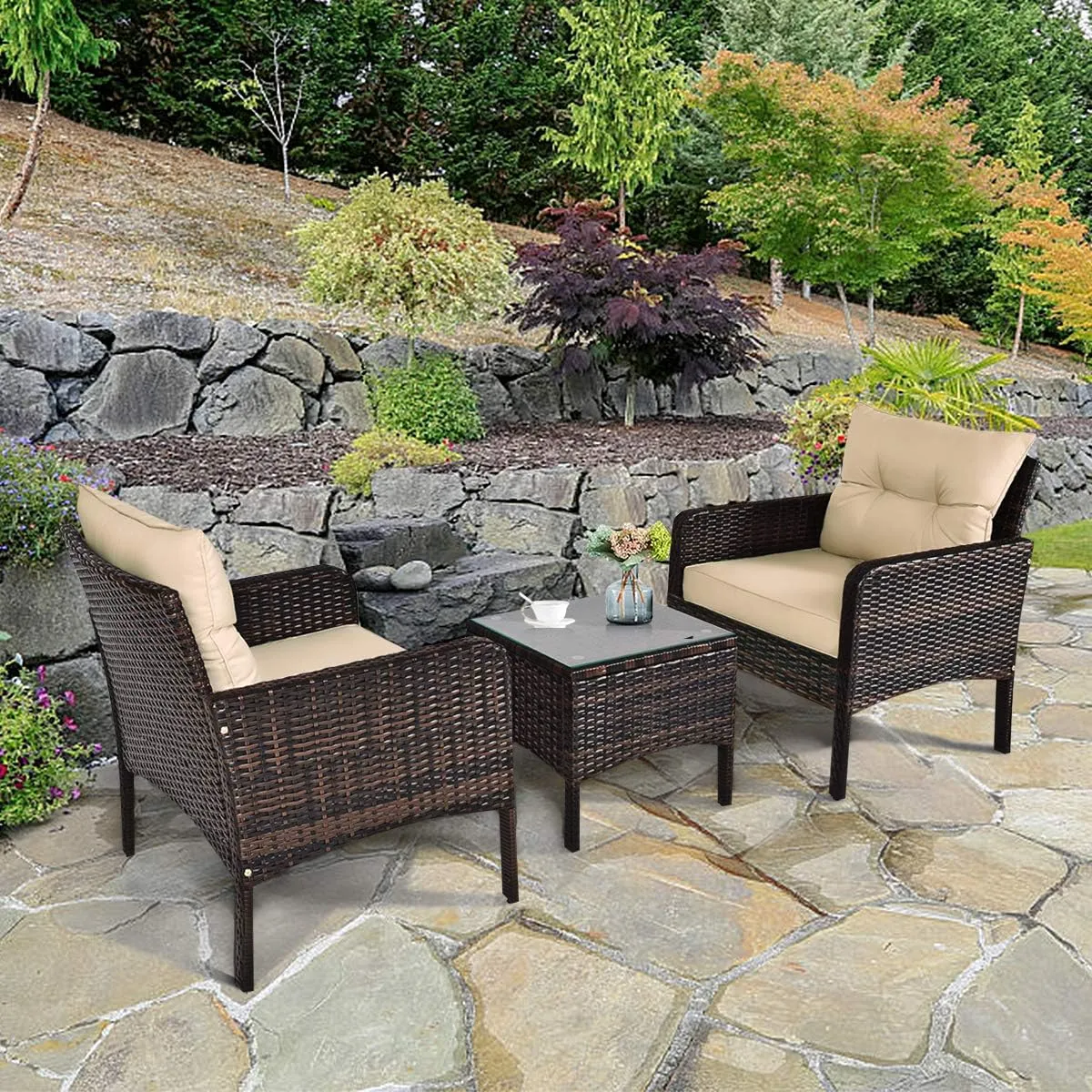 HAPPYGRILL 3 Pieces Patio Furniture Set Outdoor Rattan Wicker Coffee Table & Chairs Set with Seat Cushions Patio Conversation Set for Garden Balcony Backyard Poolside