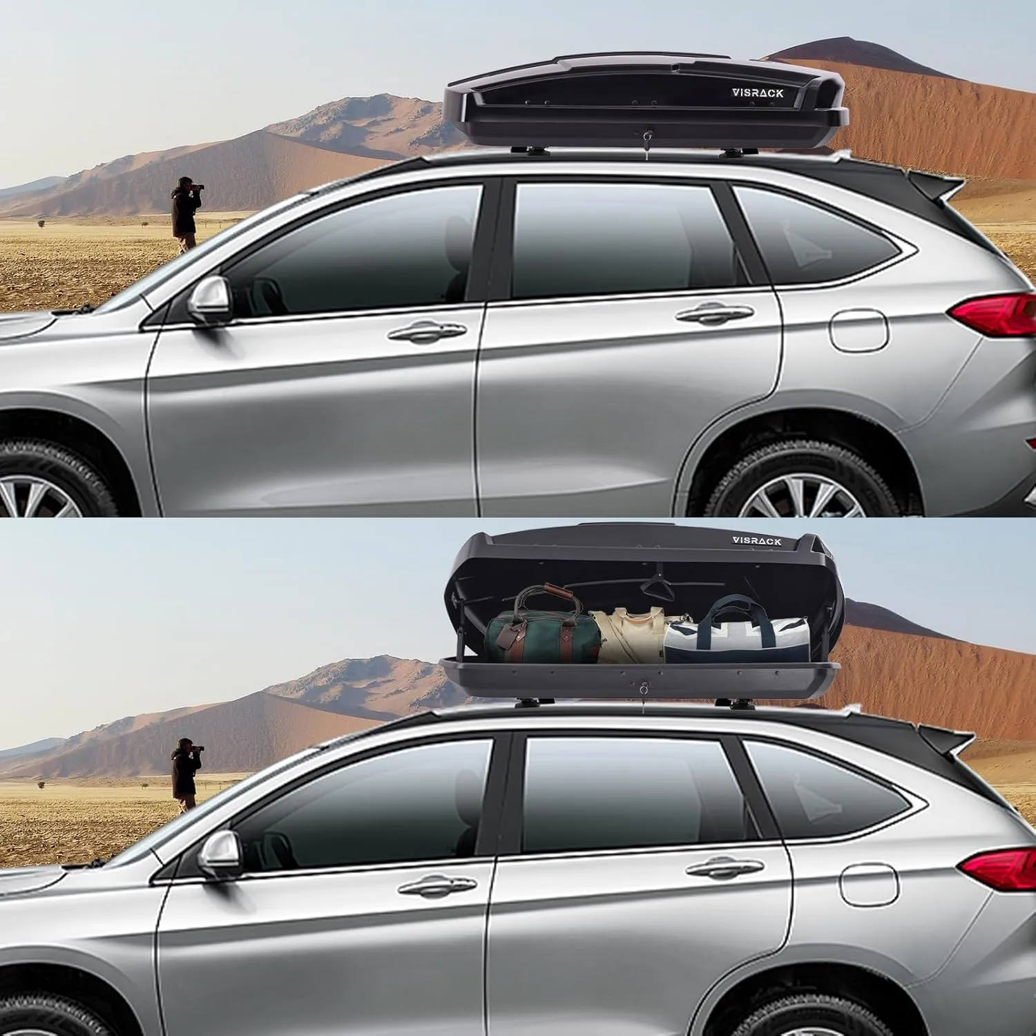 Hard Shell Roof Cargo Carrier, 15.5 Cubic Feet Black Roof Box, Durable ABS Storage with Dual-Sided Opening, Weatherproof & Locking System, Tool-Free Installation, 58.3" L x 35.4" W x 13" H