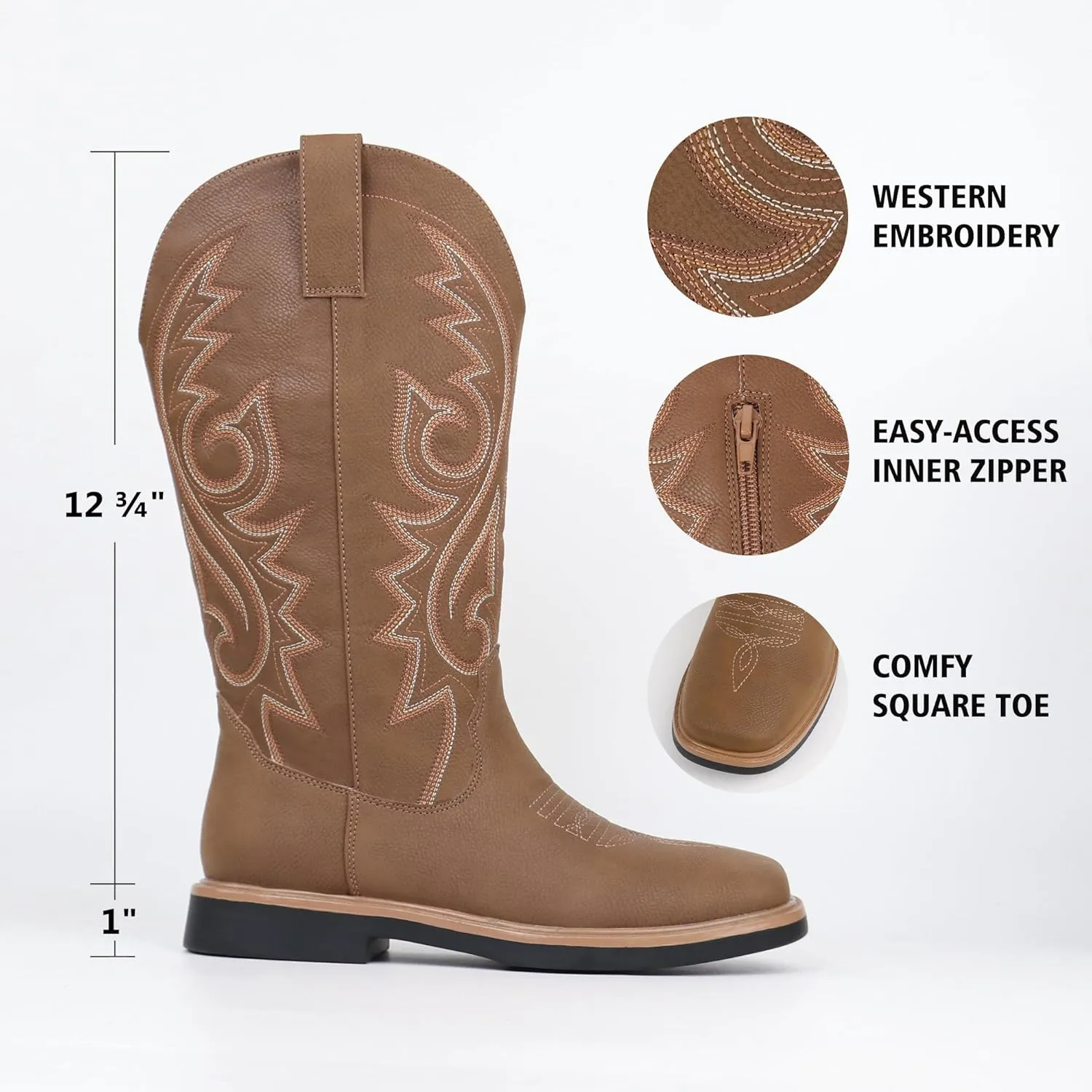 Hawkwell Women's Cowboy Cowgirl Boots Square Toe Side Zipper Embroidered Low Heel Dress Western Mid Calf Boot