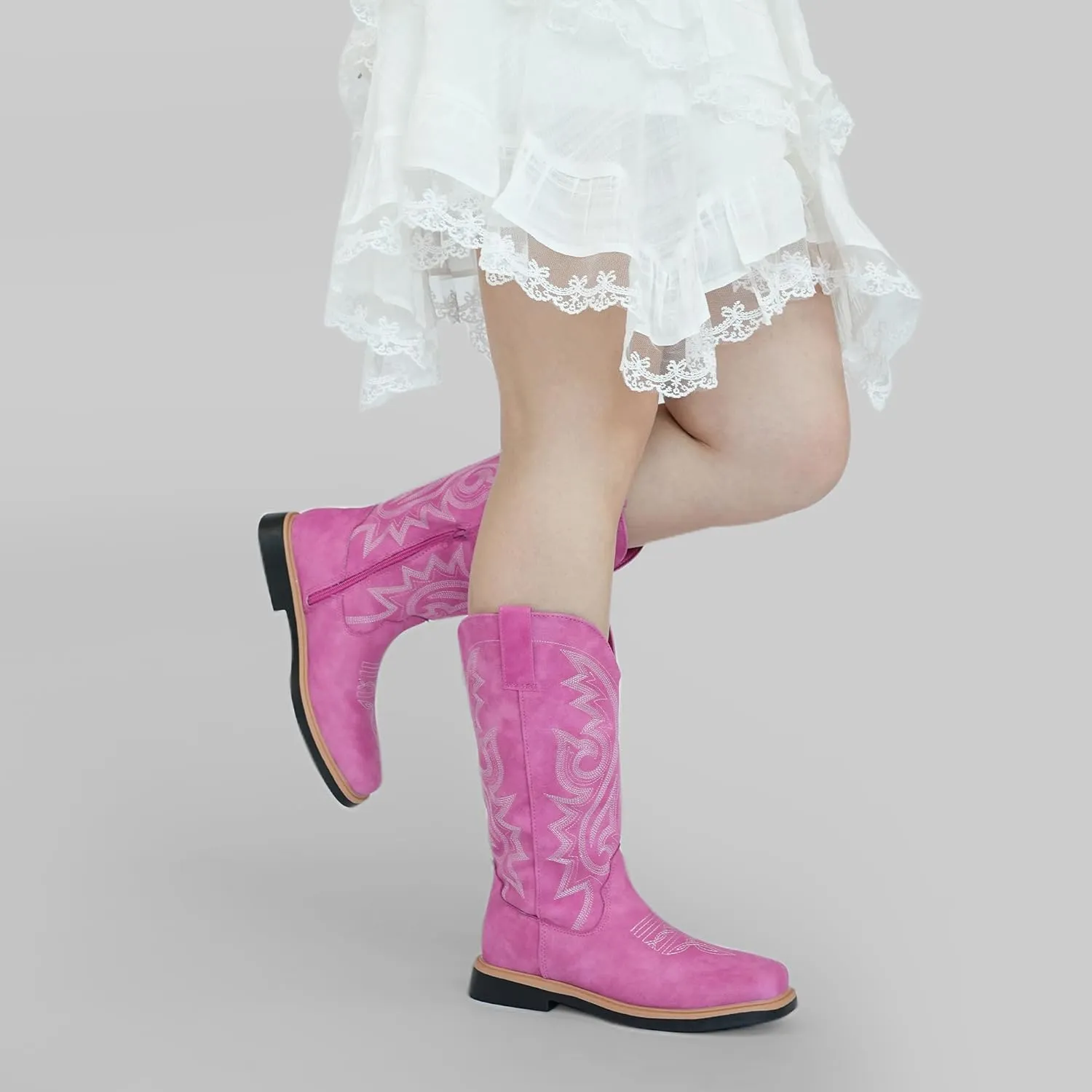 Hawkwell Women's Cowboy Cowgirl Boots Square Toe Side Zipper Embroidered Low Heel Dress Western Mid Calf Boot