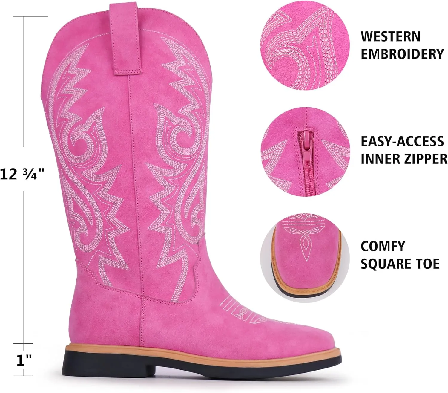 Hawkwell Women's Cowboy Cowgirl Boots Square Toe Side Zipper Embroidered Low Heel Dress Western Mid Calf Boot
