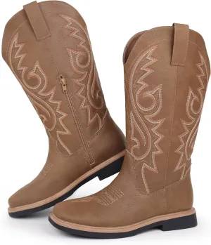 Hawkwell Women's Cowboy Cowgirl Boots Square Toe Side Zipper Embroidered Low Heel Dress Western Mid Calf Boot