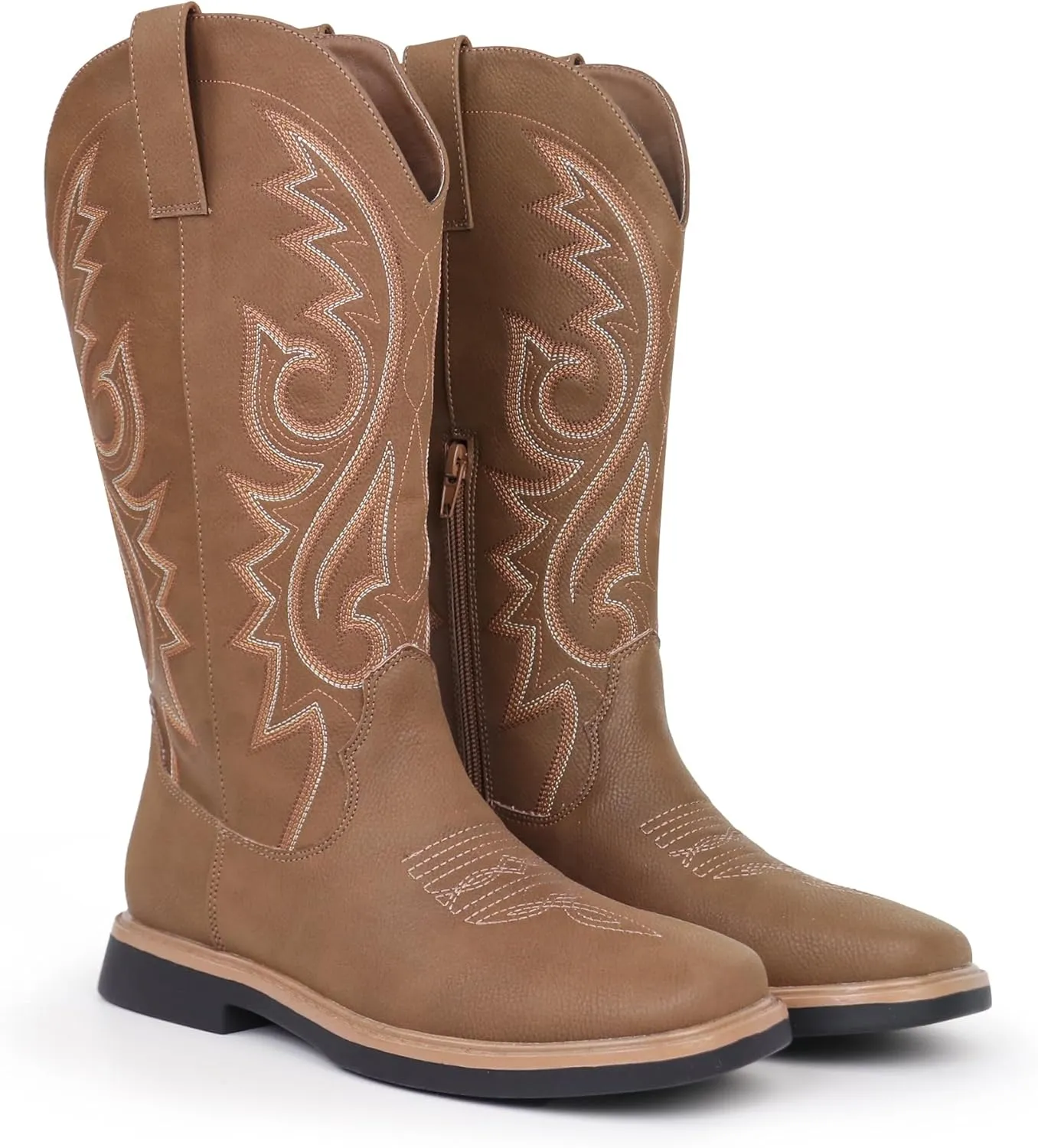 Hawkwell Women's Cowboy Cowgirl Boots Square Toe Side Zipper Embroidered Low Heel Dress Western Mid Calf Boot