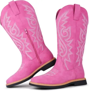 Hawkwell Women's Cowboy Cowgirl Boots Square Toe Side Zipper Embroidered Low Heel Dress Western Mid Calf Boot
