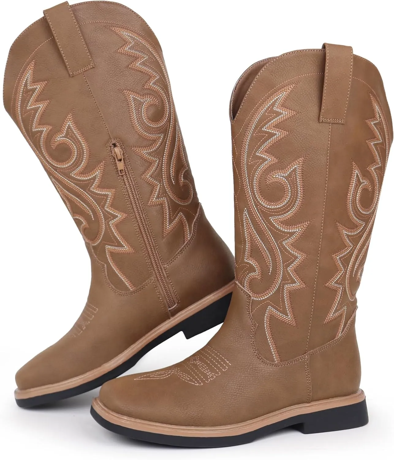 Hawkwell Women's Cowboy Cowgirl Boots Square Toe Side Zipper Embroidered Low Heel Dress Western Mid Calf Boot