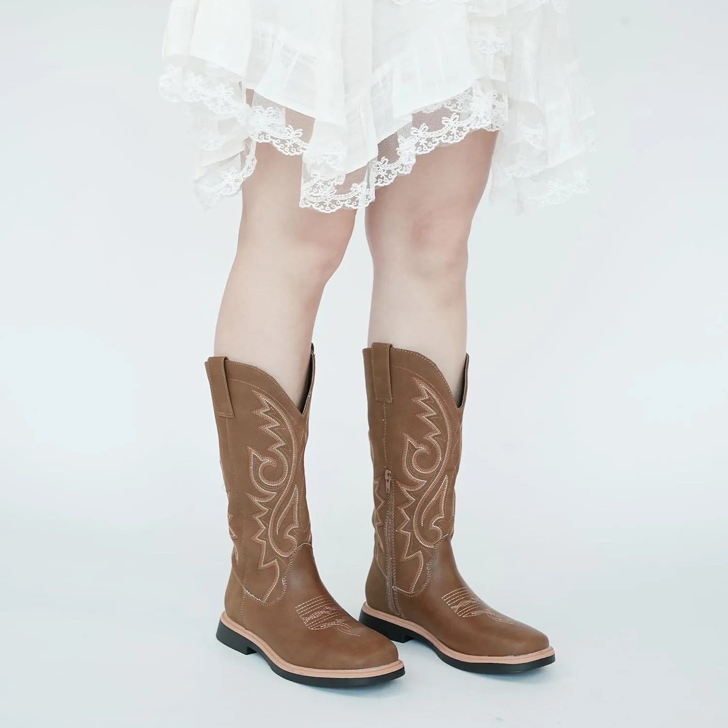 Hawkwell Women's Cowboy Cowgirl Boots Square Toe Side Zipper Embroidered Low Heel Dress Western Mid Calf Boot