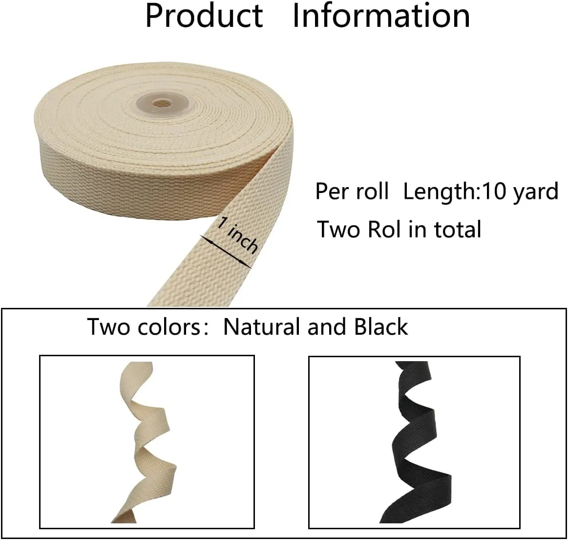 Heavy Cotton Webbing 1 Inch Wide 2 Rolls/ 20 Yards Straps for Webbing Bag Handles, Bag Strap,Tote Bag Webbing,Cloth Belt,Arts and Crafts (White,Black)