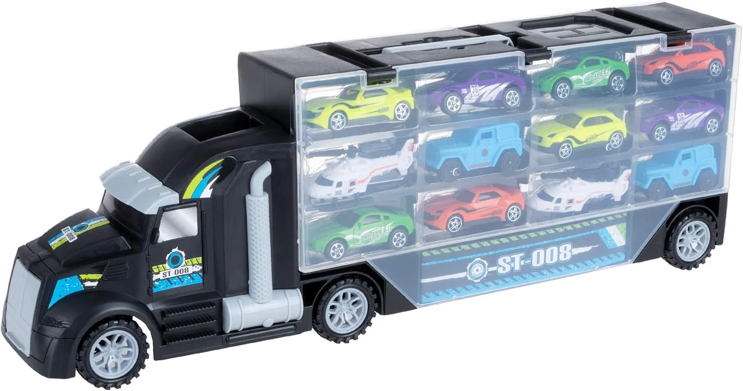 Hey! Play! Car Carrier Semi Truck Toy - 2-Sided Cargo Trailer Holds 24 Vehicles- Includes 10 Cars and 2 Helicopters –Storage Case with Carry Handle