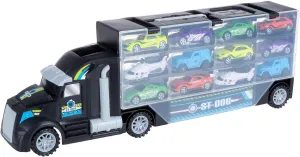 Hey! Play! Car Carrier Semi Truck Toy - 2-Sided Cargo Trailer Holds 24 Vehicles- Includes 10 Cars and 2 Helicopters –Storage Case with Carry Handle