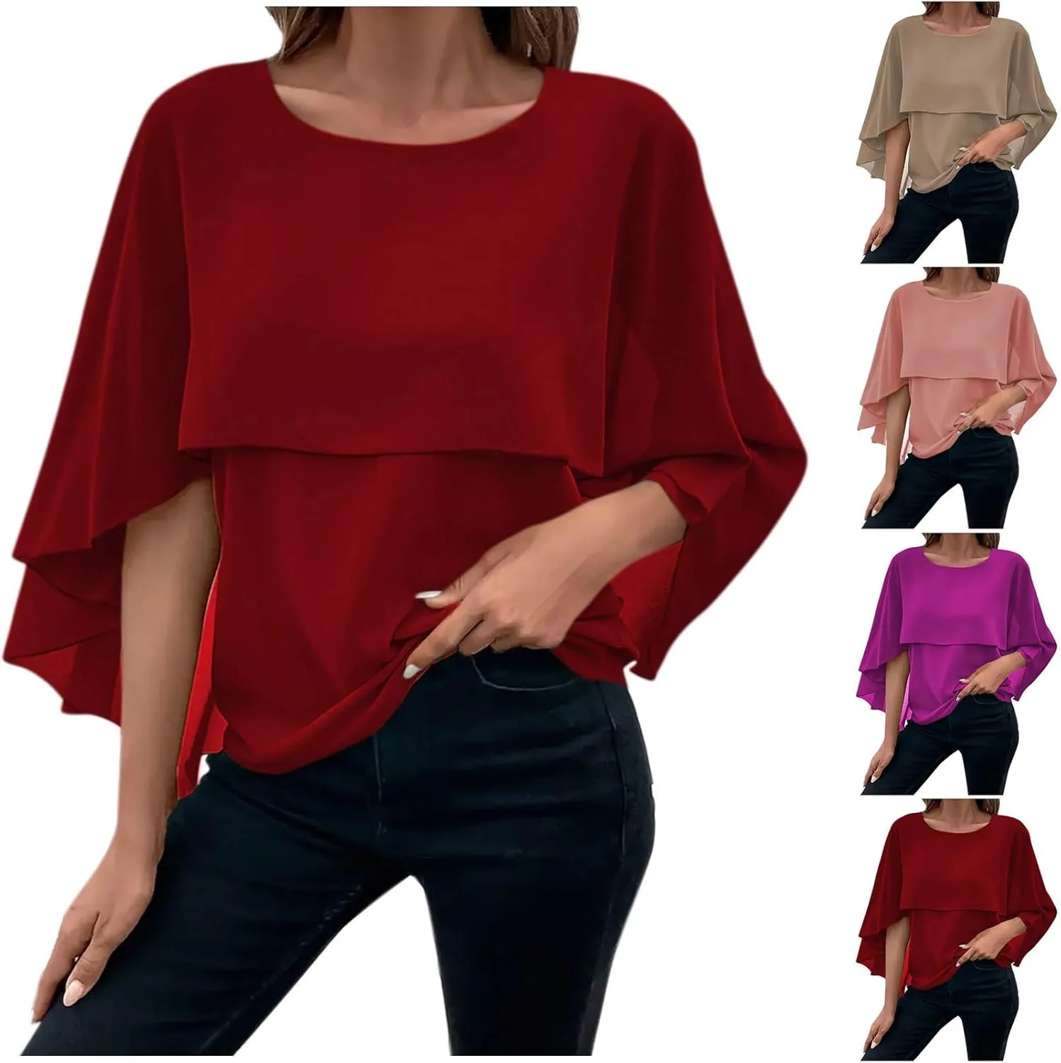 HGps8w Cape Shawls Top for Women Summer Lightweight Flowy Shirts Double-Layered Dressy Chiffon Poncho Blouse