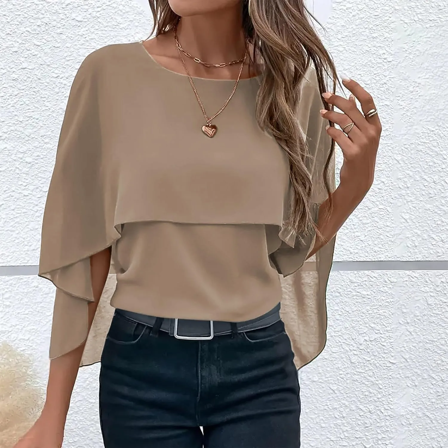 HGps8w Cape Shawls Top for Women Summer Lightweight Flowy Shirts Double-Layered Dressy Chiffon Poncho Blouse