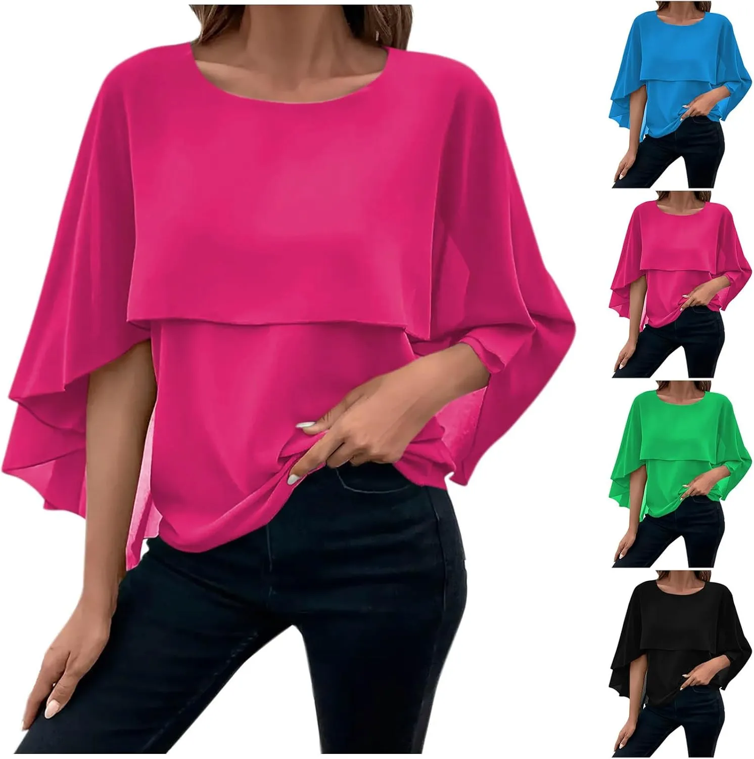 HGps8w Cape Shawls Top for Women Summer Lightweight Flowy Shirts Double-Layered Dressy Chiffon Poncho Blouse