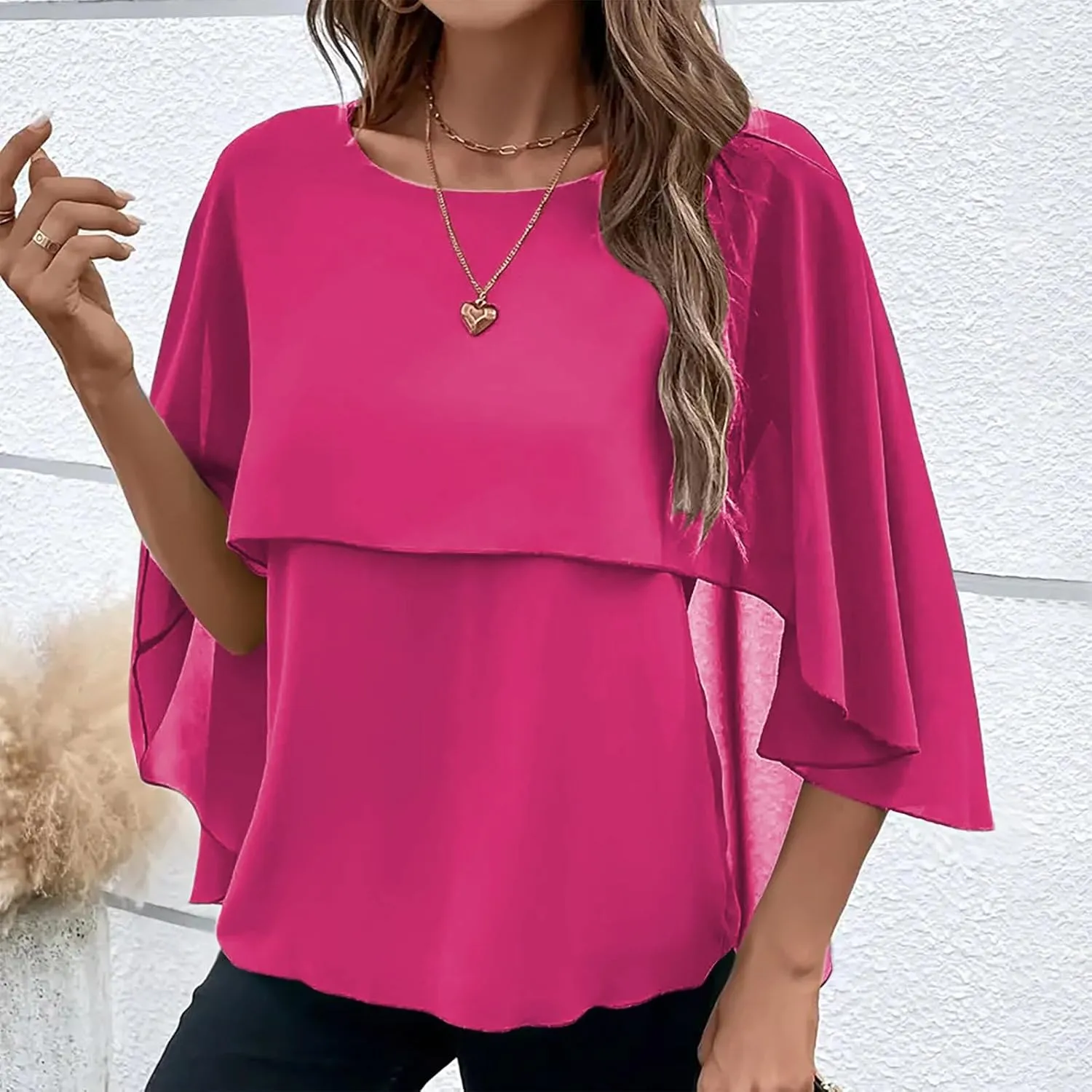 HGps8w Cape Shawls Top for Women Summer Lightweight Flowy Shirts Double-Layered Dressy Chiffon Poncho Blouse