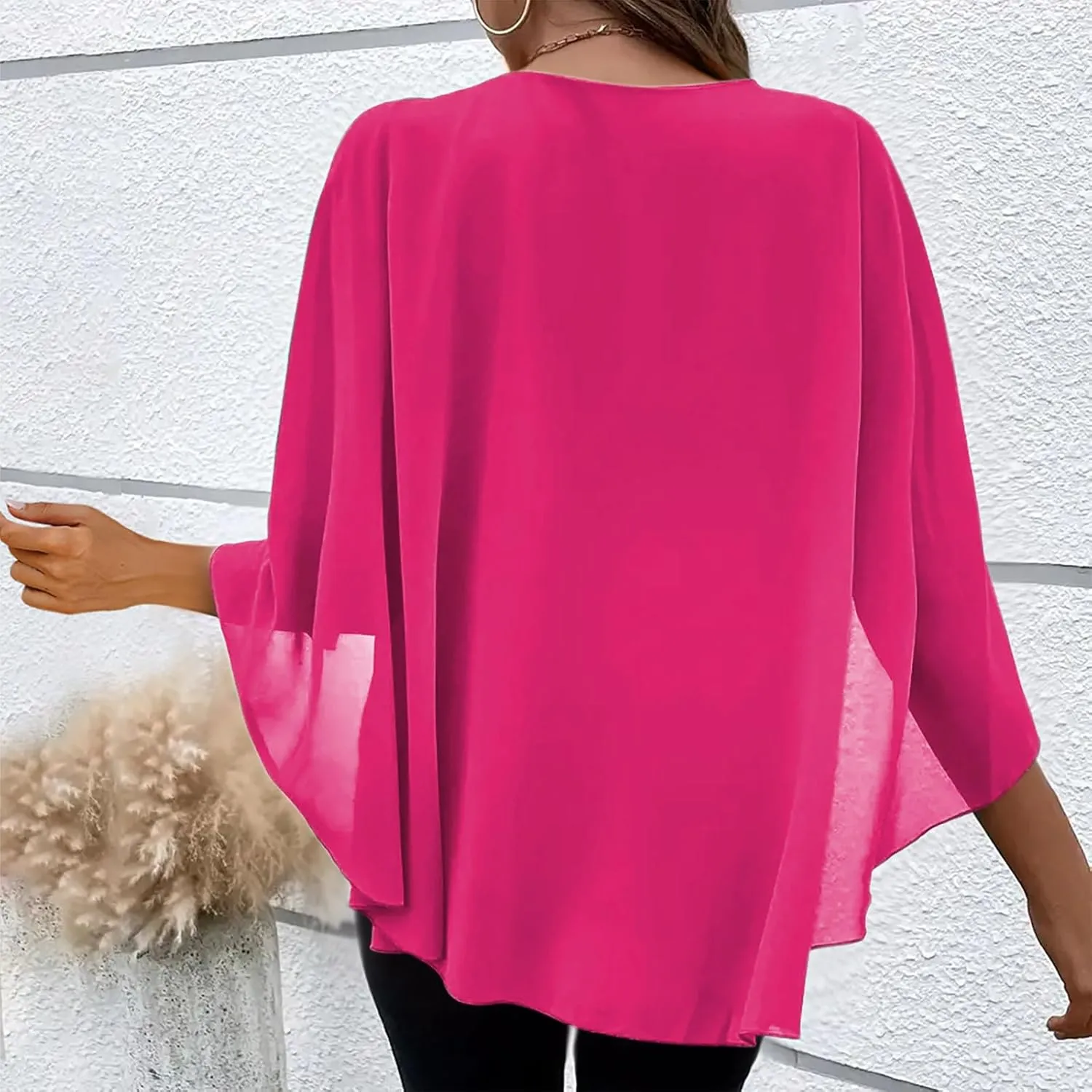 HGps8w Cape Shawls Top for Women Summer Lightweight Flowy Shirts Double-Layered Dressy Chiffon Poncho Blouse