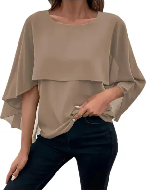 HGps8w Cape Shawls Top for Women Summer Lightweight Flowy Shirts Double-Layered Dressy Chiffon Poncho Blouse