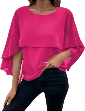 HGps8w Cape Shawls Top for Women Summer Lightweight Flowy Shirts Double-Layered Dressy Chiffon Poncho Blouse