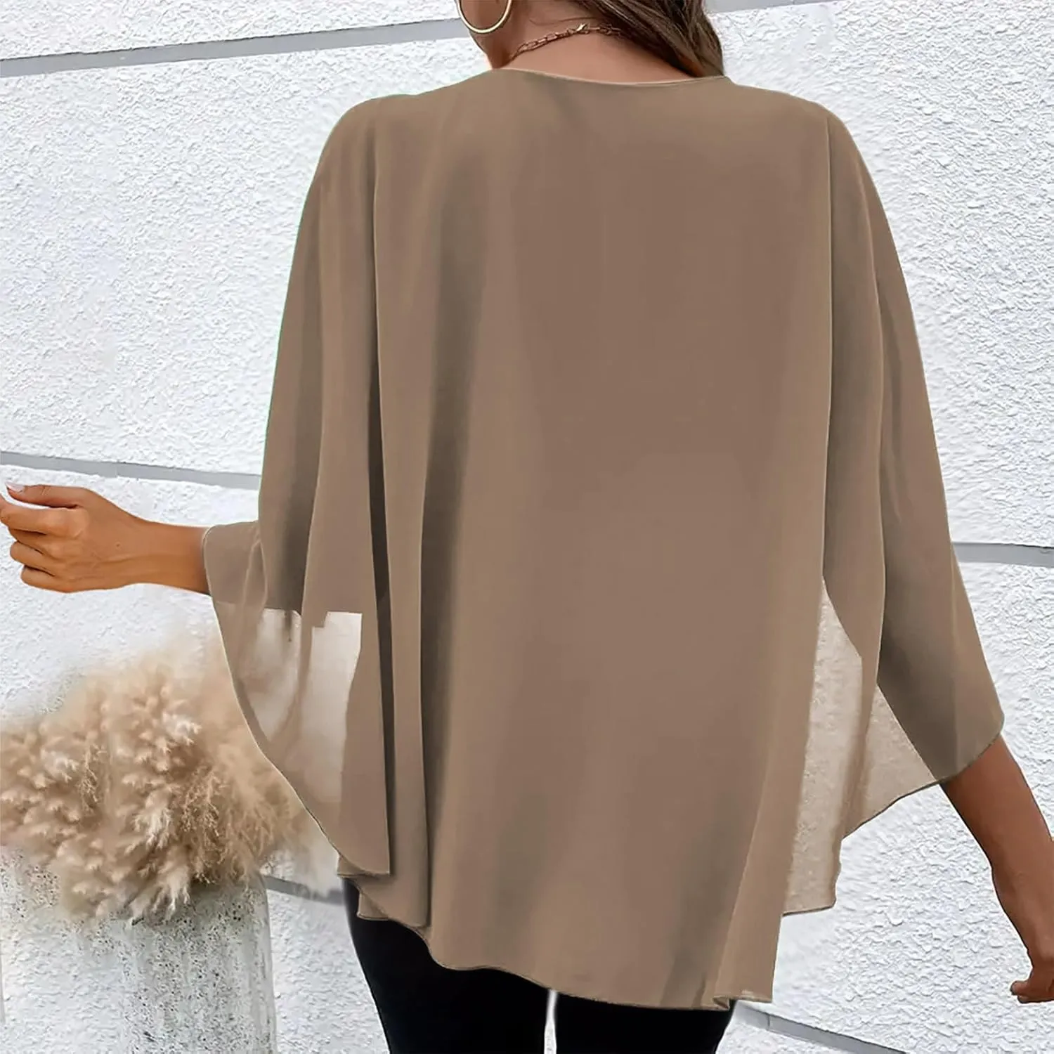 HGps8w Cape Shawls Top for Women Summer Lightweight Flowy Shirts Double-Layered Dressy Chiffon Poncho Blouse