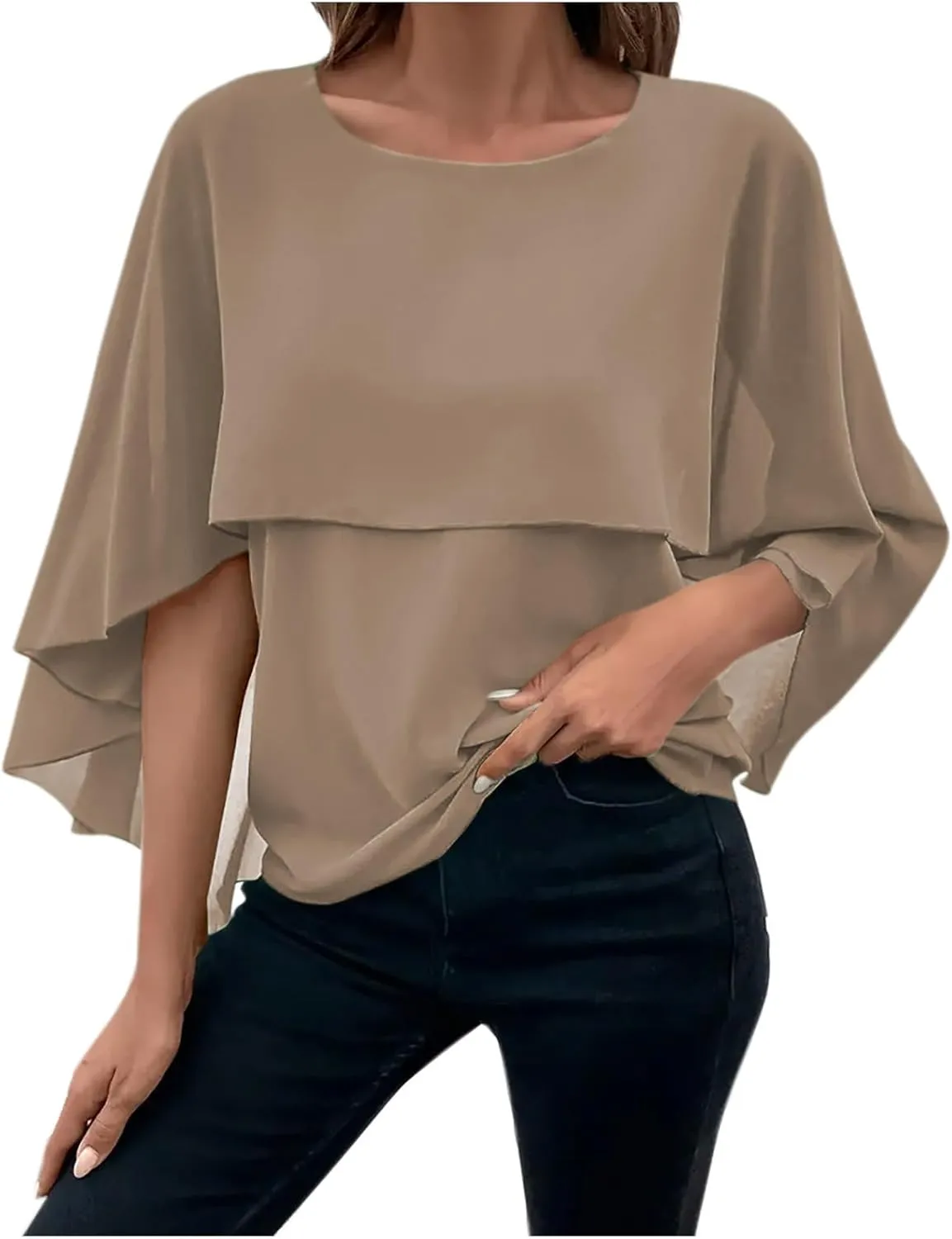HGps8w Cape Shawls Top for Women Summer Lightweight Flowy Shirts Double-Layered Dressy Chiffon Poncho Blouse