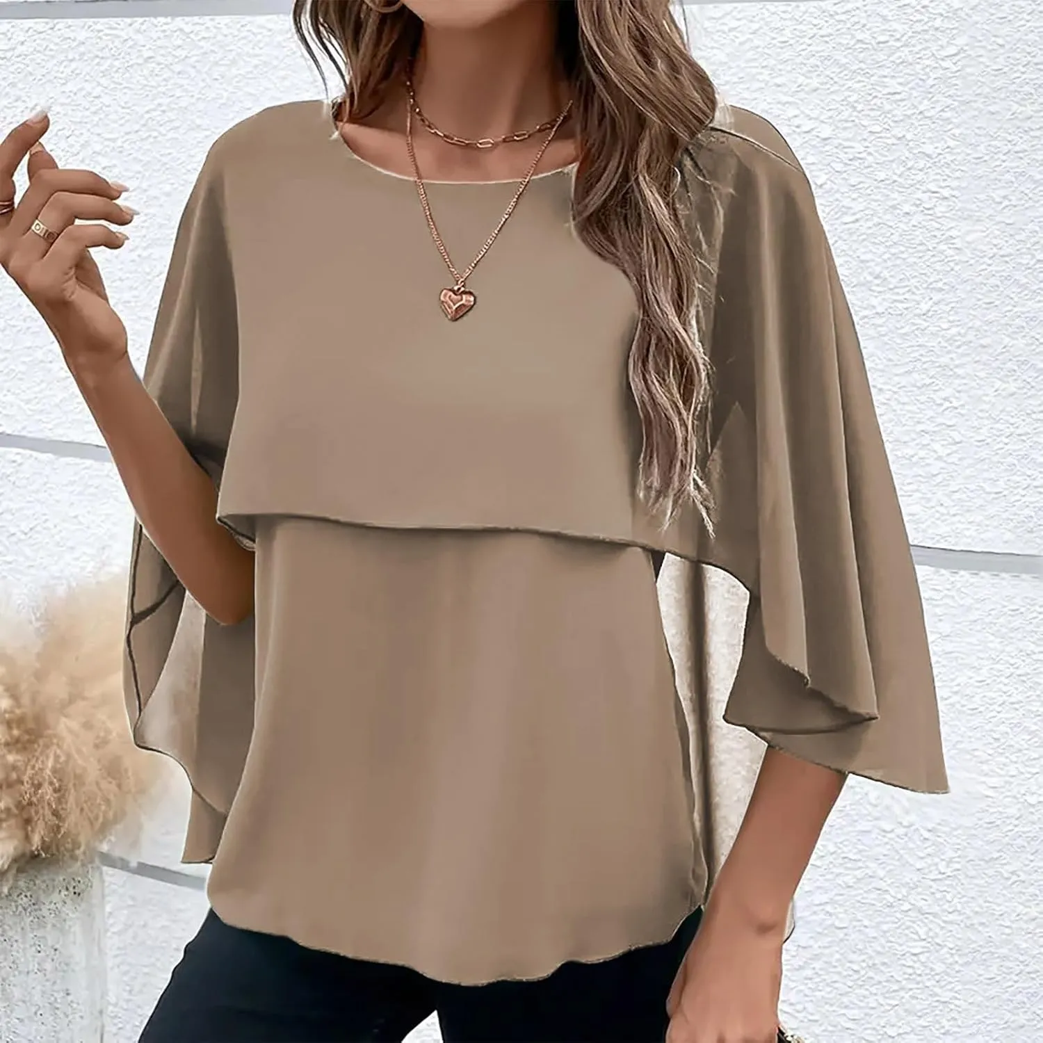 HGps8w Cape Shawls Top for Women Summer Lightweight Flowy Shirts Double-Layered Dressy Chiffon Poncho Blouse