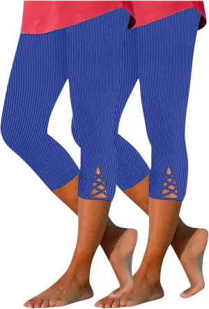 HGps8w Capri Leggings for Women Crossover Cutout Hem Knee Length Yoga Pants Casual Comfy Cropped Lounge Pants Pack of 2