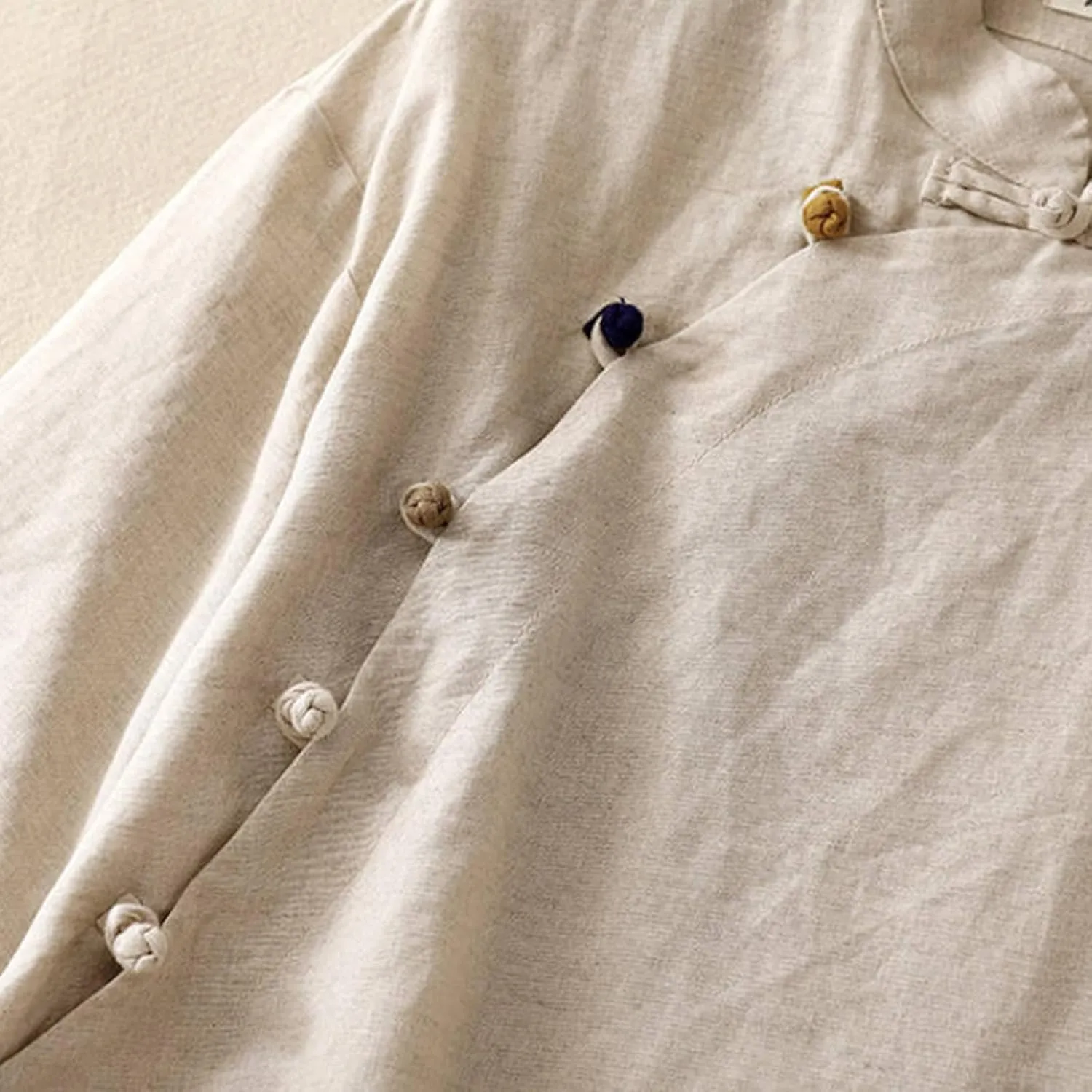 HGps8w Cotton Linen Embroidery Floral Tops for Women Retro Chinese Frog Button Blouse Loose Stand Collar 3/4 Sleeve Shirts