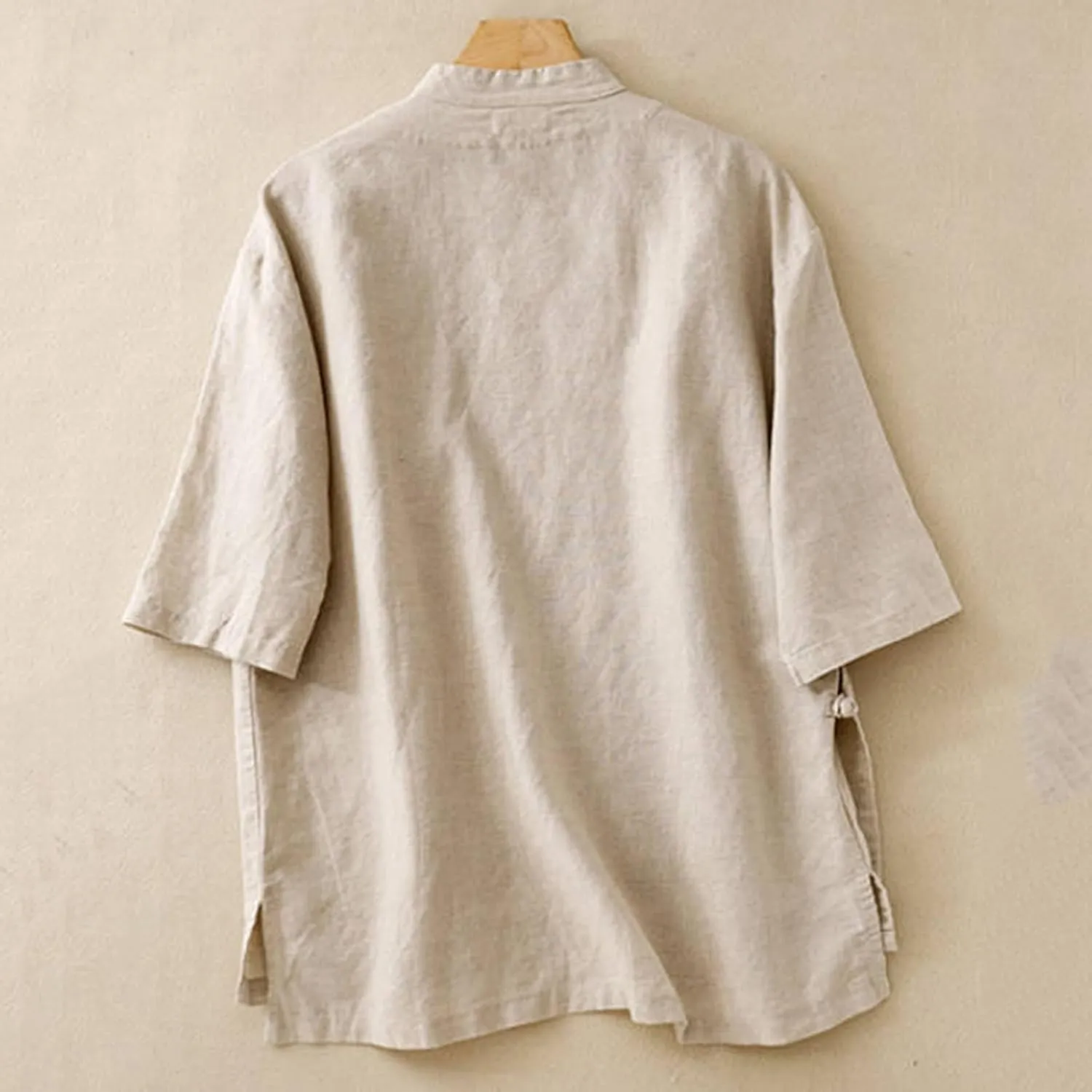 HGps8w Cotton Linen Embroidery Floral Tops for Women Retro Chinese Frog Button Blouse Loose Stand Collar 3/4 Sleeve Shirts