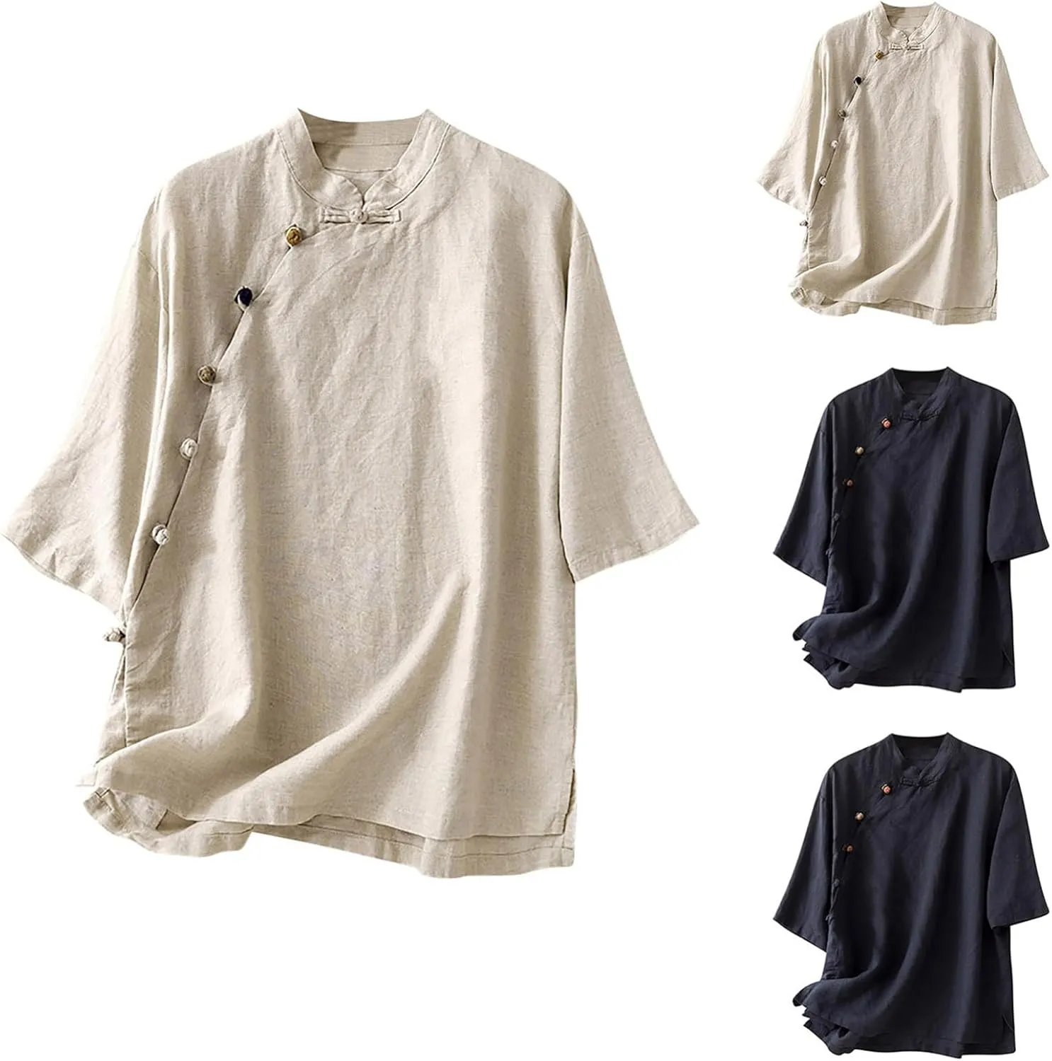 HGps8w Cotton Linen Embroidery Floral Tops for Women Retro Chinese Frog Button Blouse Loose Stand Collar 3/4 Sleeve Shirts