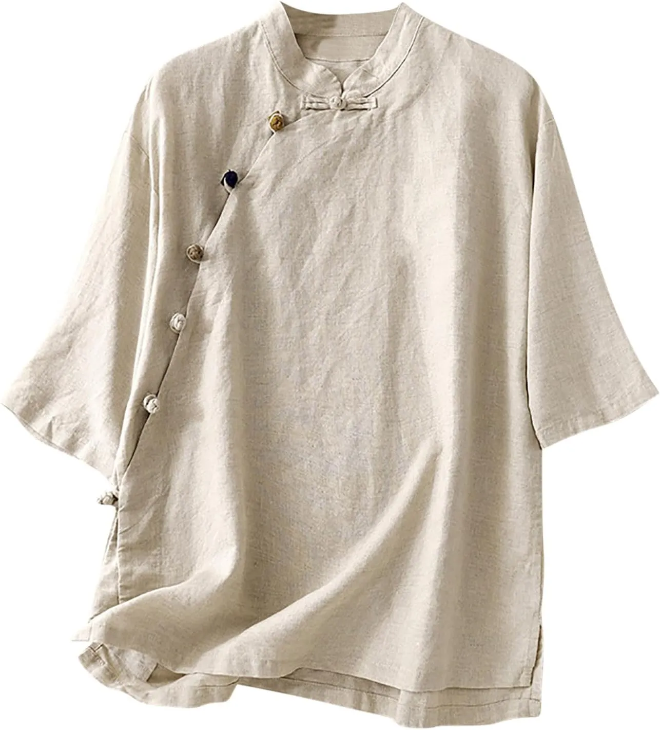 HGps8w Cotton Linen Embroidery Floral Tops for Women Retro Chinese Frog Button Blouse Loose Stand Collar 3/4 Sleeve Shirts