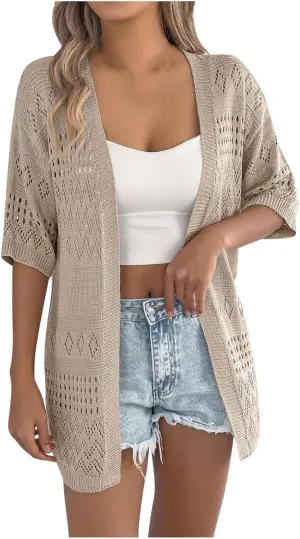 HGps8w Women's Knitted Hollow Cardigans, Half Sleeve Open Front Beach Coverups Shirts Sun Protection Jacket