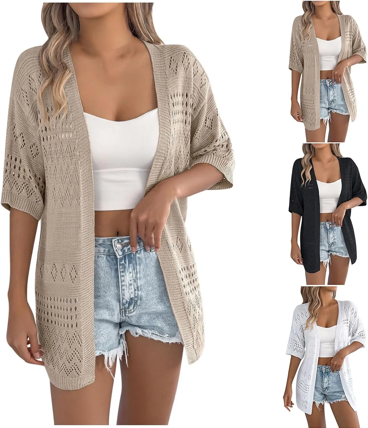 HGps8w Women's Knitted Hollow Cardigans, Half Sleeve Open Front Beach Coverups Shirts Sun Protection Jacket