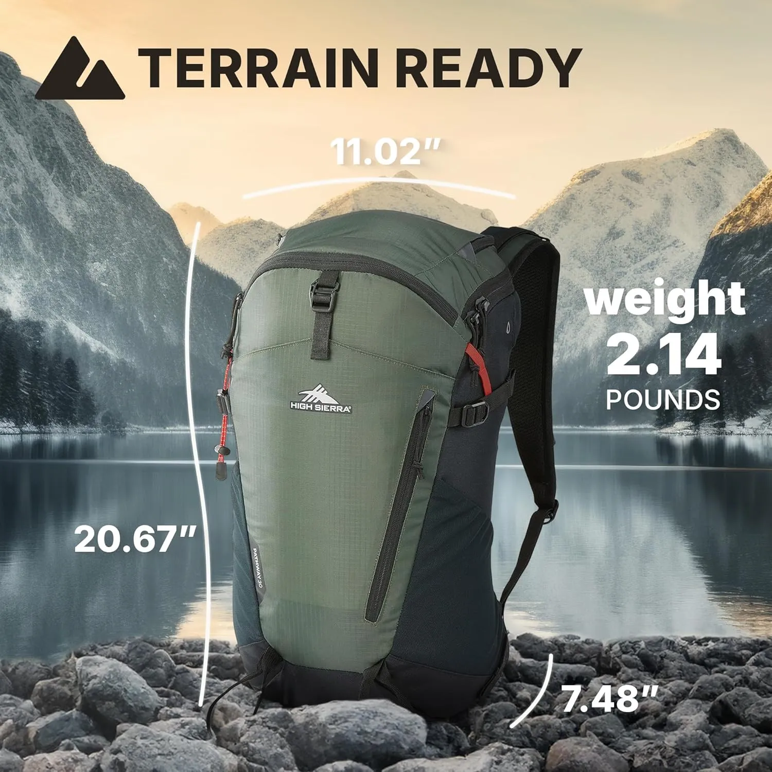 High Sierra Pathway 2.0 Backpack with Hydration Storage Sleeve, for Hiking, Biking, Camping, Traveling, Forest Green/Black, 30L