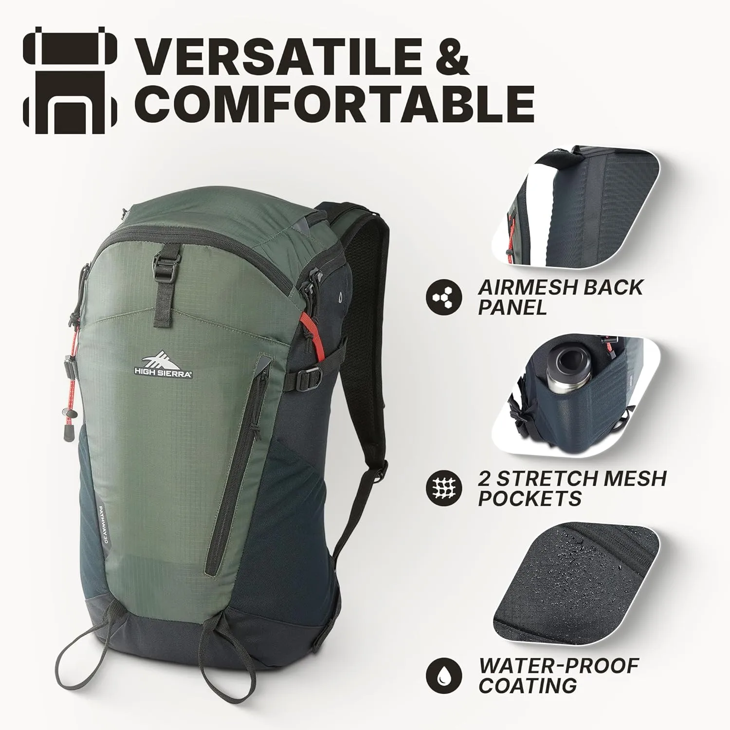 High Sierra Pathway 2.0 Backpack with Hydration Storage Sleeve, for Hiking, Biking, Camping, Traveling, Forest Green/Black, 30L