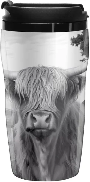 Highland Cow Black And White Coffee Mug with Lid Portable Tumbler Water Bottle for Travel Business 250ml