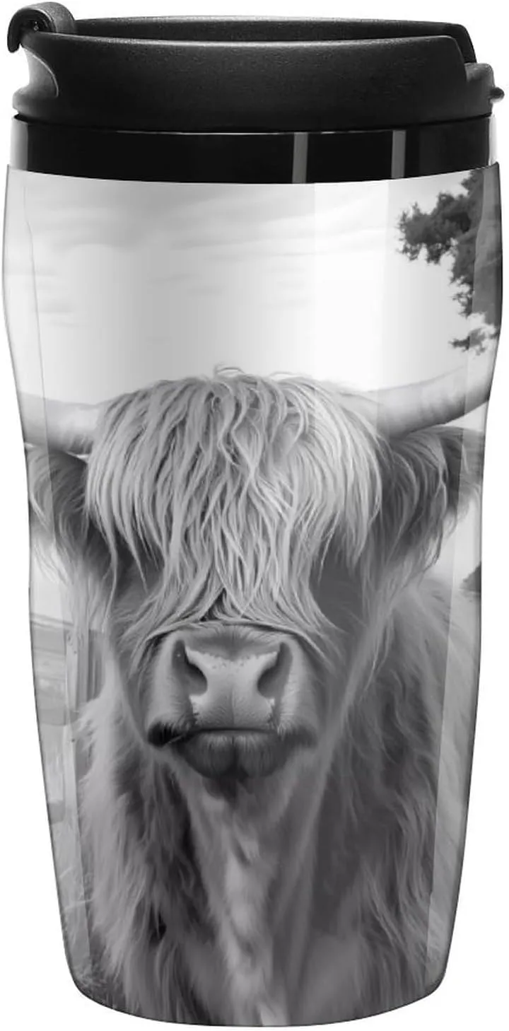 Highland Cow Black And White Coffee Mug with Lid Portable Tumbler Water Bottle for Travel Business 250ml