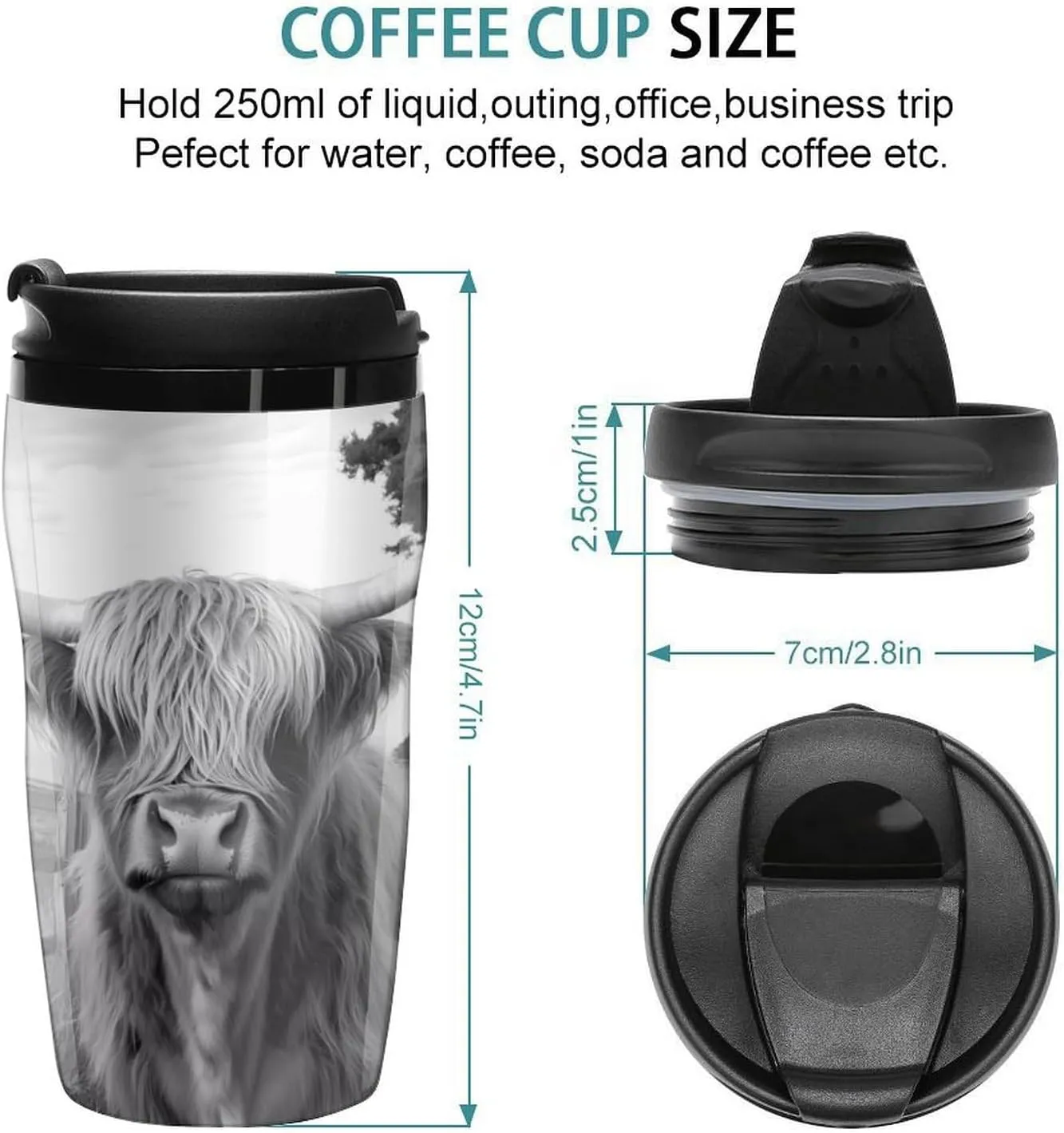 Highland Cow Black And White Coffee Mug with Lid Portable Tumbler Water Bottle for Travel Business 250ml