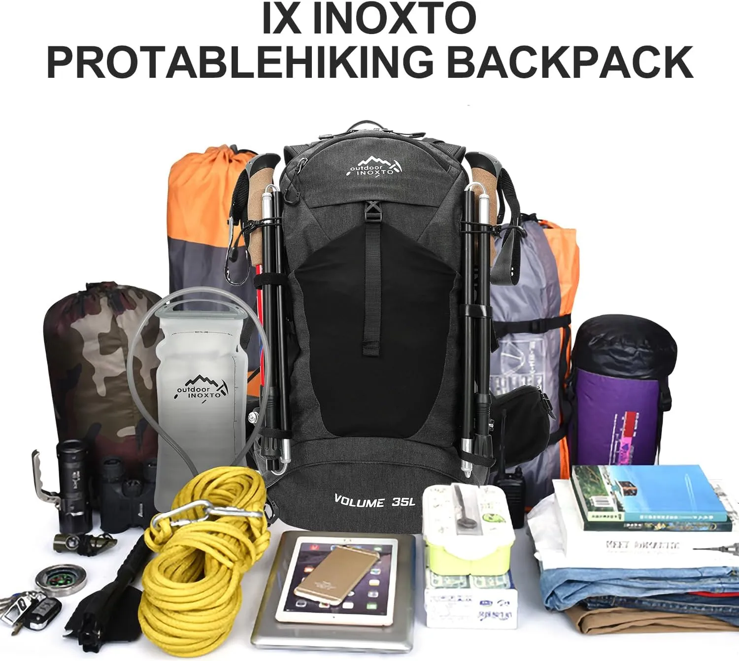 Hiking Backpack,35L Waterproof Hiking Daypack with 3L Water Bladder and Rain Cover, Lightweight Travel Camping Backpack for Men Women (Black)