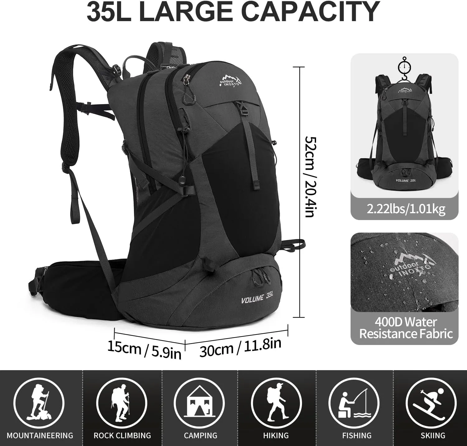 Hiking Backpack,35L Waterproof Hiking Daypack with 3L Water Bladder and Rain Cover, Lightweight Travel Camping Backpack for Men Women (Black)