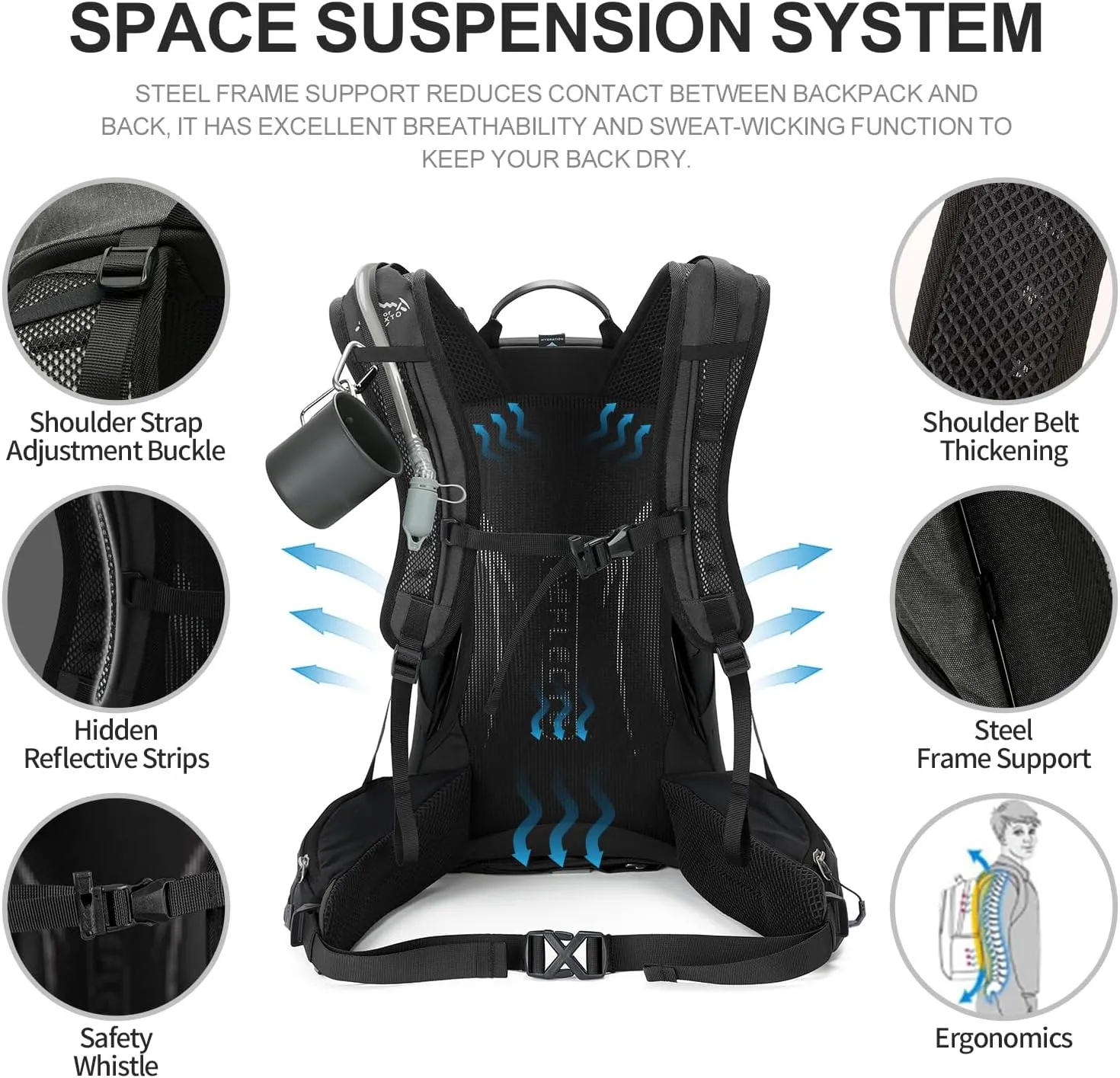 Hiking Backpack,35L Waterproof Hiking Daypack with 3L Water Bladder and Rain Cover, Lightweight Travel Camping Backpack for Men Women (Black)