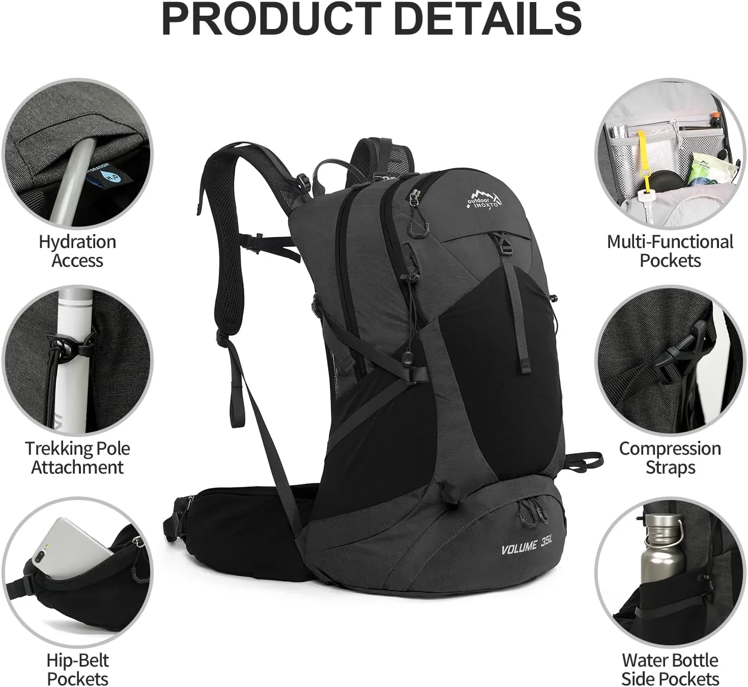 Hiking Backpack,35L Waterproof Hiking Daypack with 3L Water Bladder and Rain Cover, Lightweight Travel Camping Backpack for Men Women (Black)